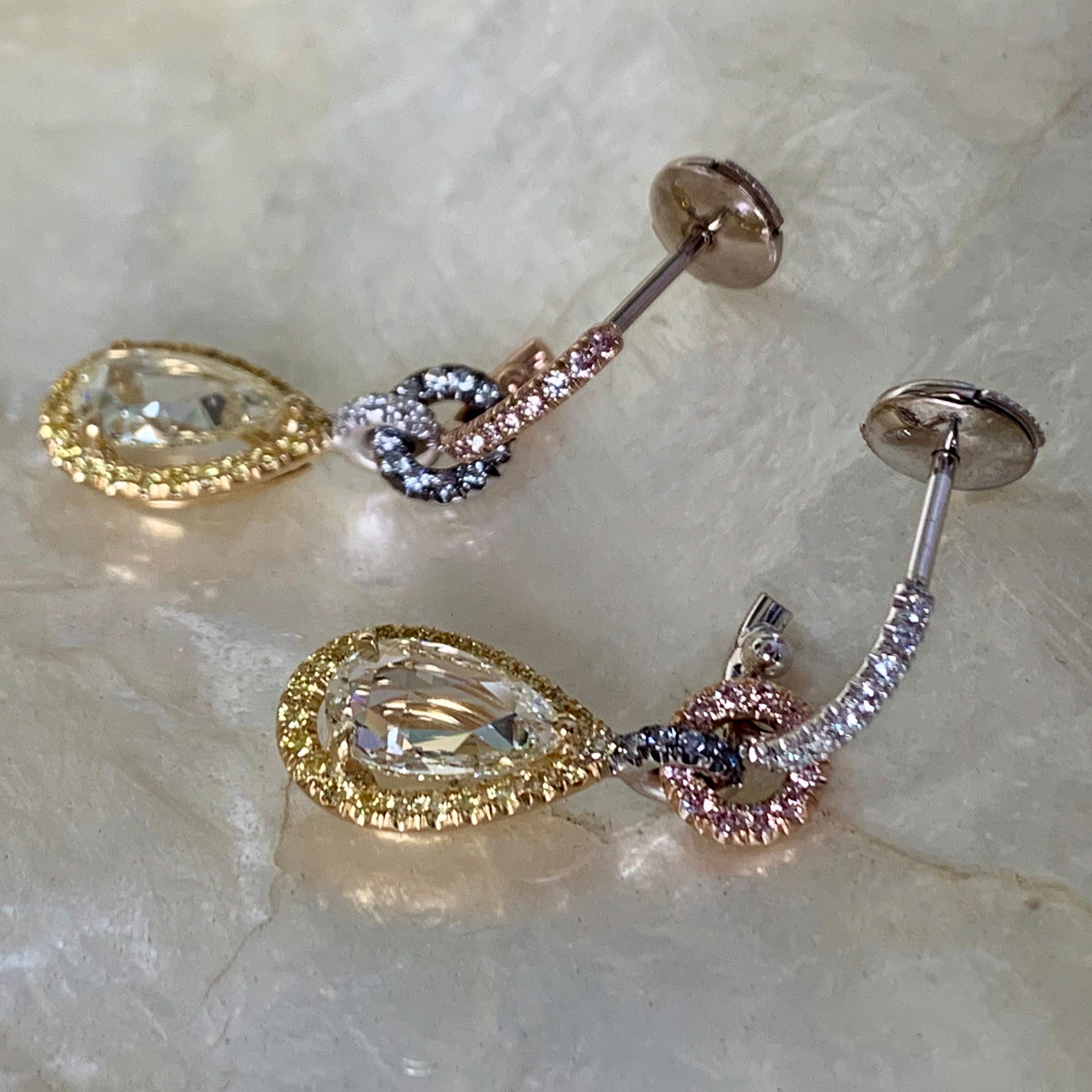 Fancy Yellow Rose-Cut Fancy Pink, Blue Diamond Halo Earrings and Bail Enhancer In New Condition For Sale In Antwerp, BE