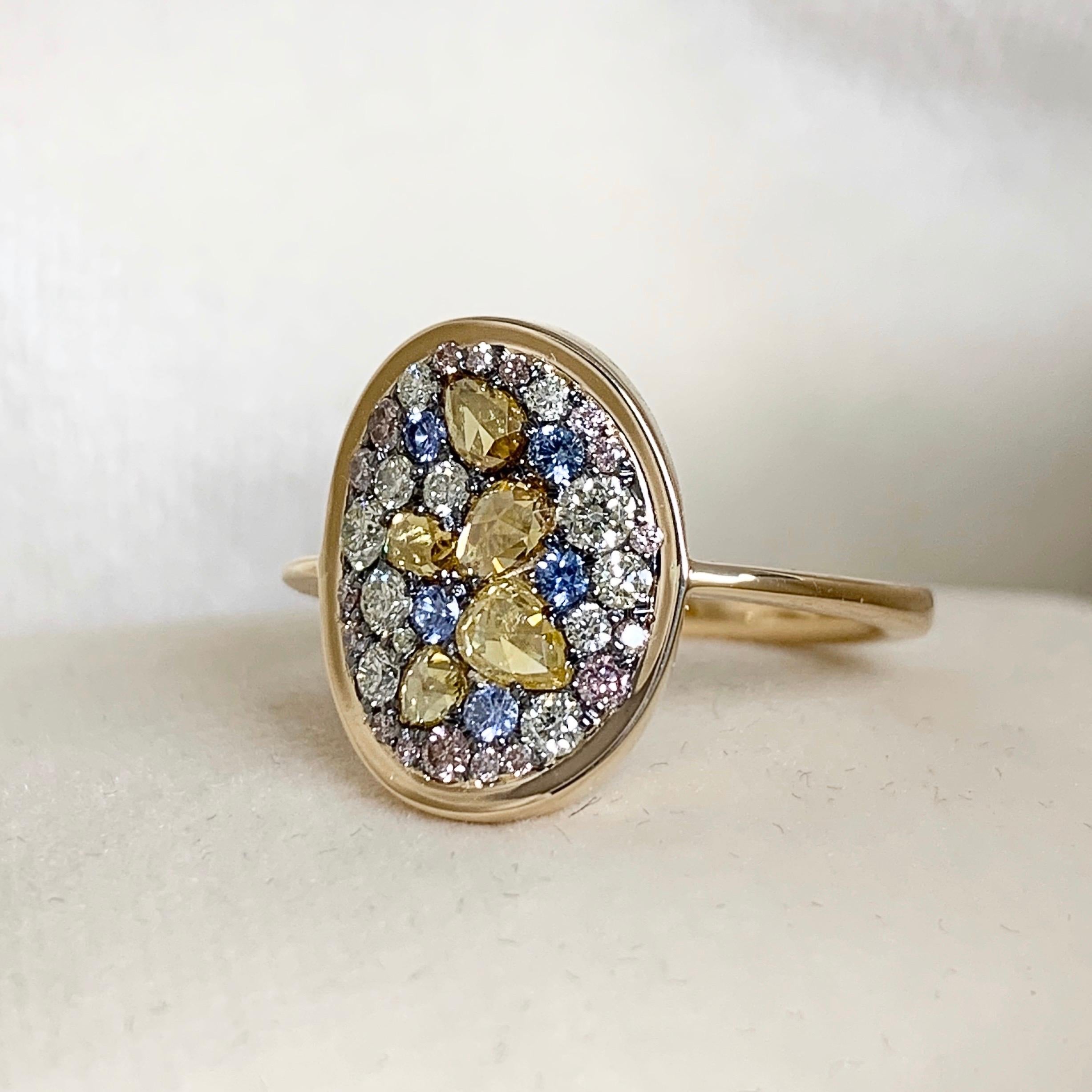 Art Nouveau Fancy Yellow Rose-Cut, Lemon Yellow, Pink Diamond No Heat Blue Sapphire Ring