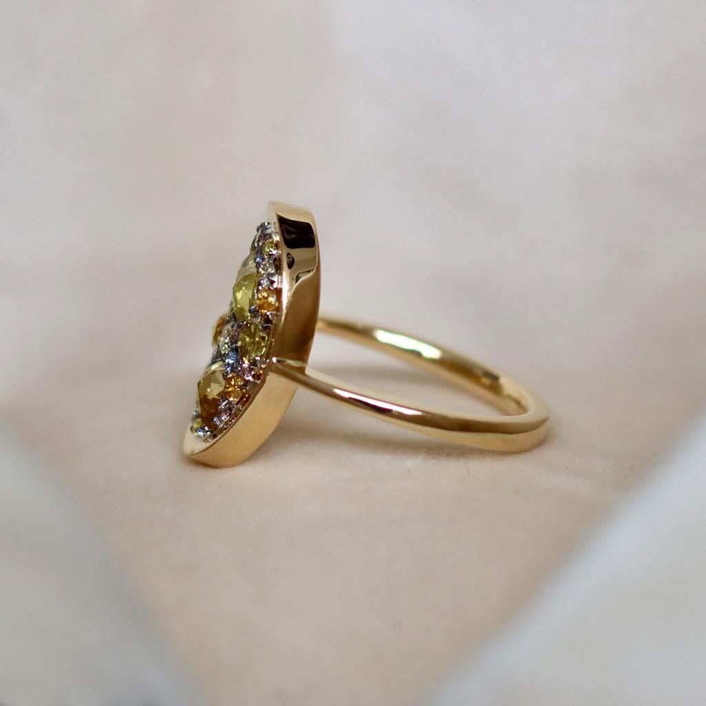 Art Nouveau Fancy Yellow Rose-Cut, Yellow, Pink Diamond No Heat Blue Sapphire Mosaic Ring