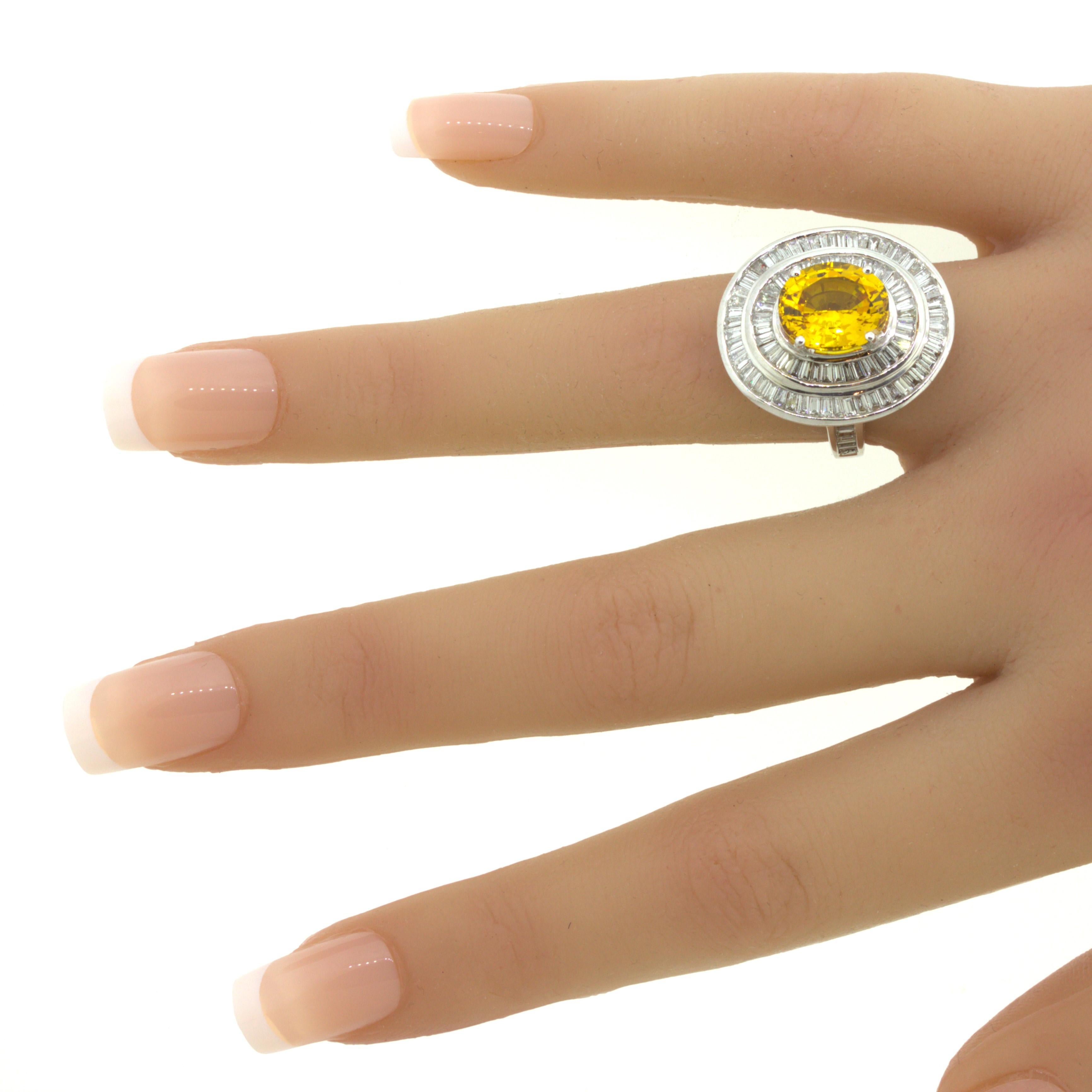 Fancy Yellow Sapphire Diamond Double-Halo 18K White Gold Ring For Sale 5