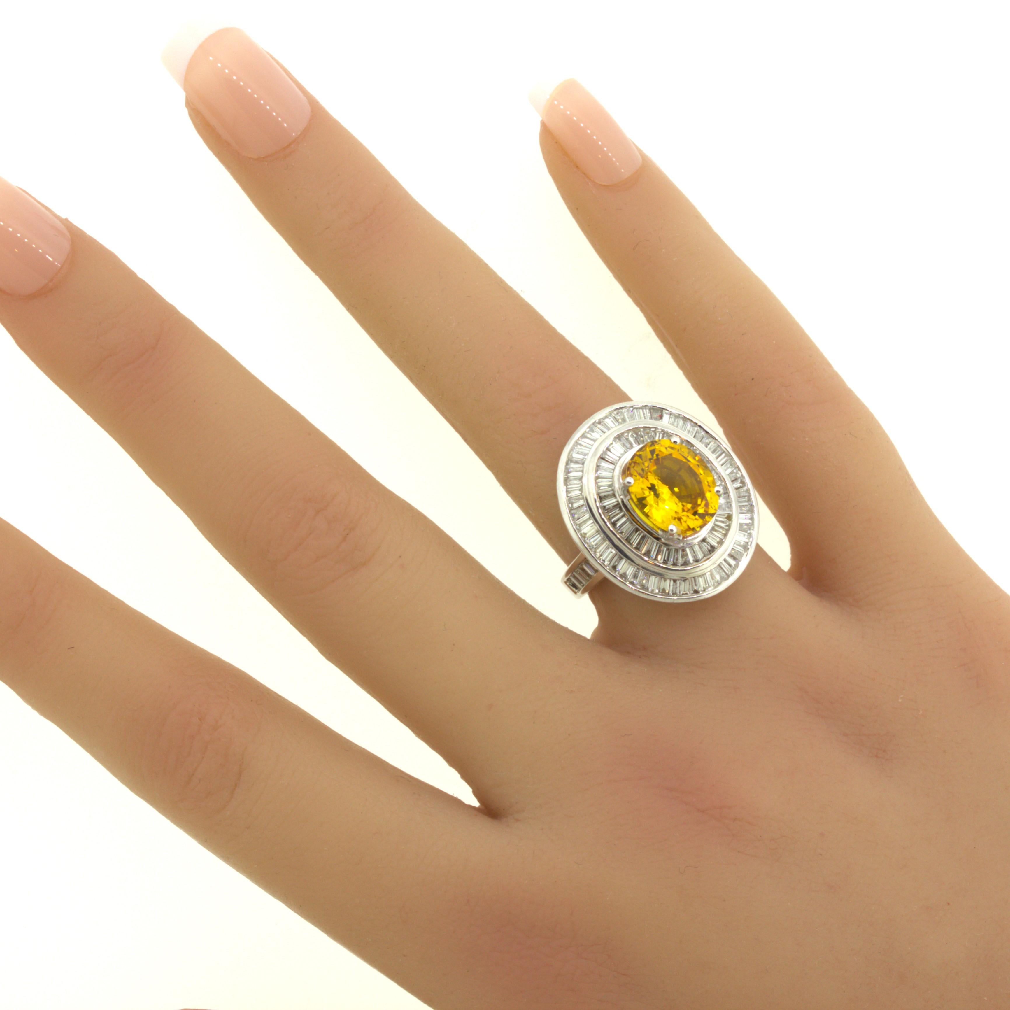 Fancy Yellow Sapphire Diamond Double-Halo 18K White Gold Ring For Sale 6