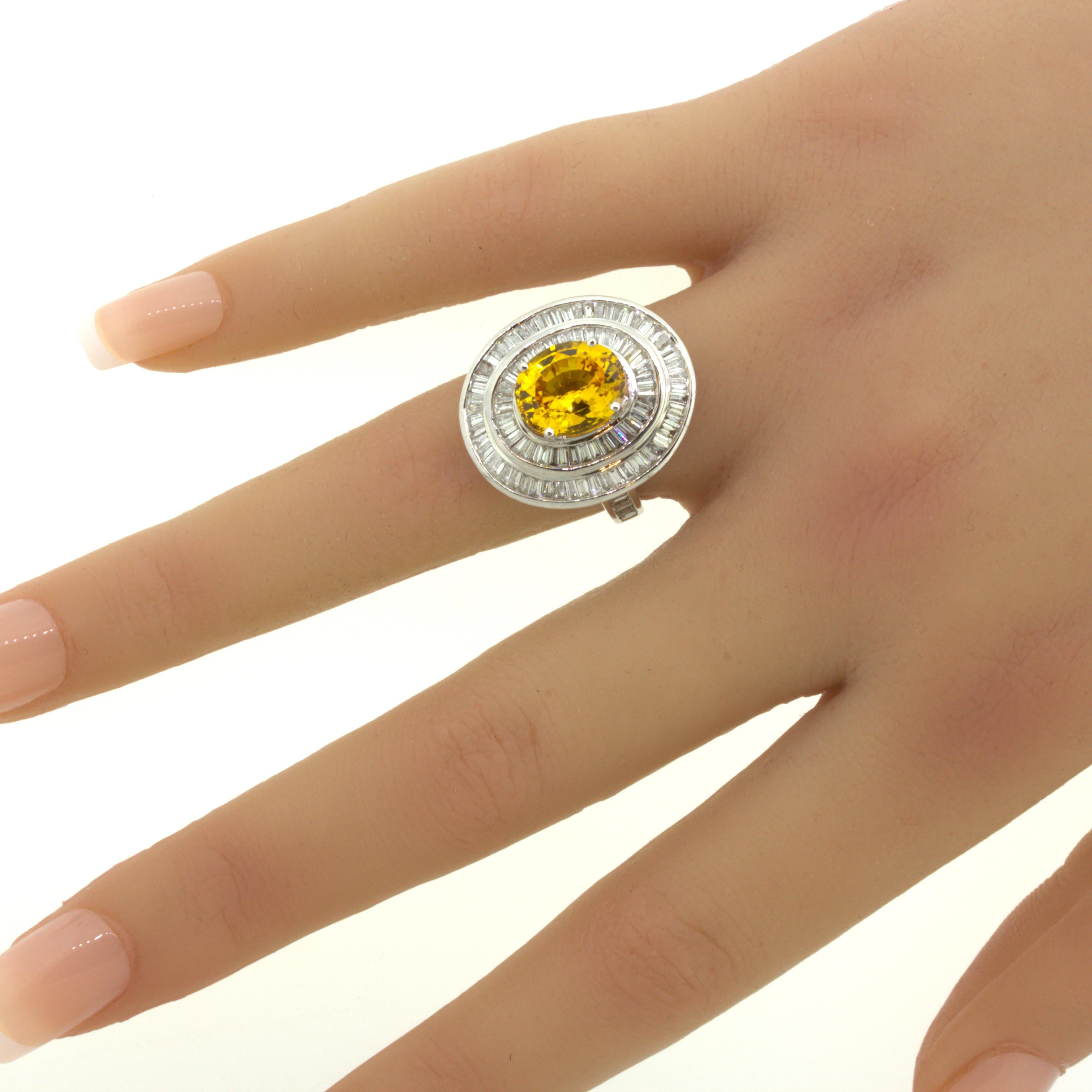 Fancy Yellow Sapphire Diamond Double-Halo 18K White Gold Ring For Sale 7