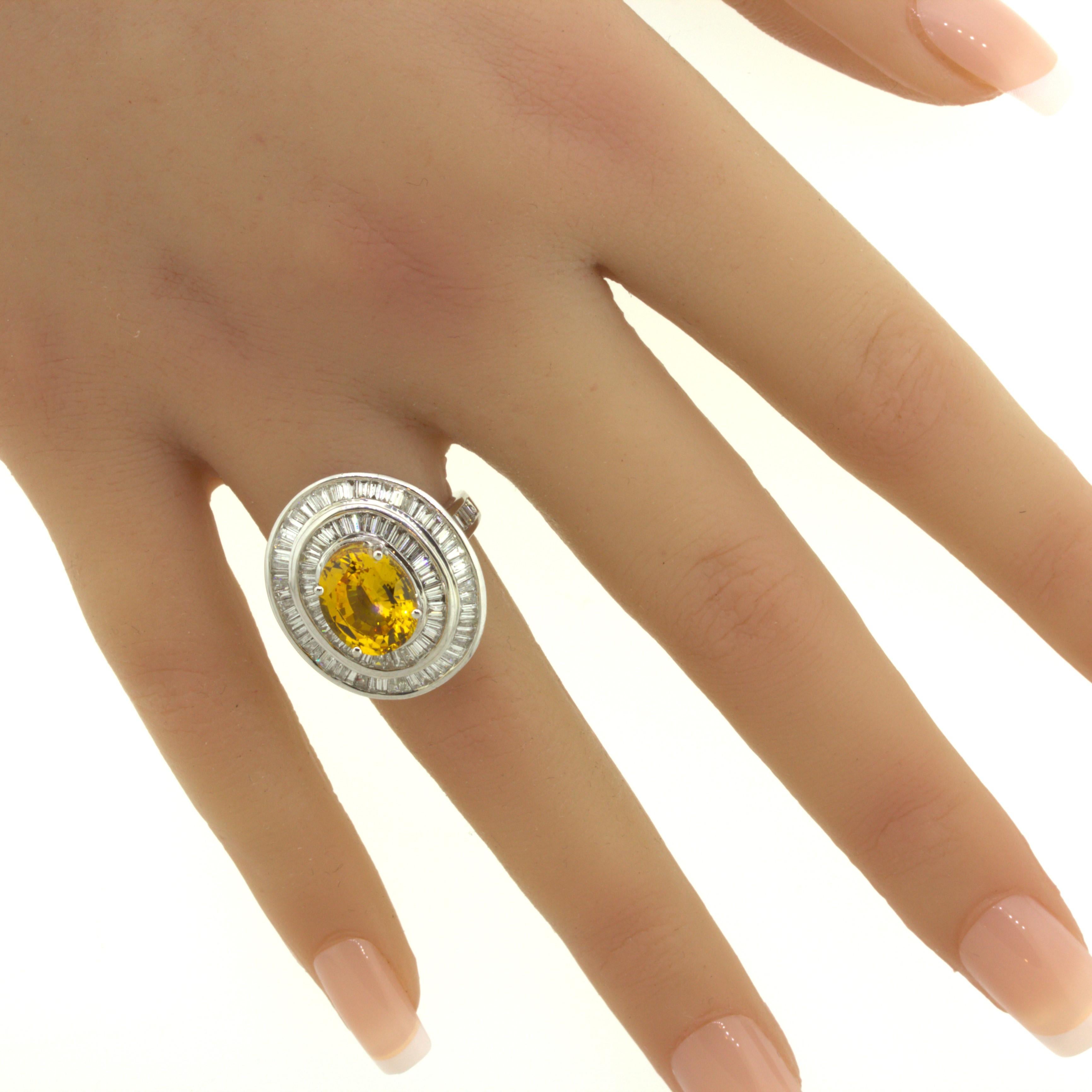 Fancy Yellow Sapphire Diamond Double-Halo 18K White Gold Ring For Sale 8