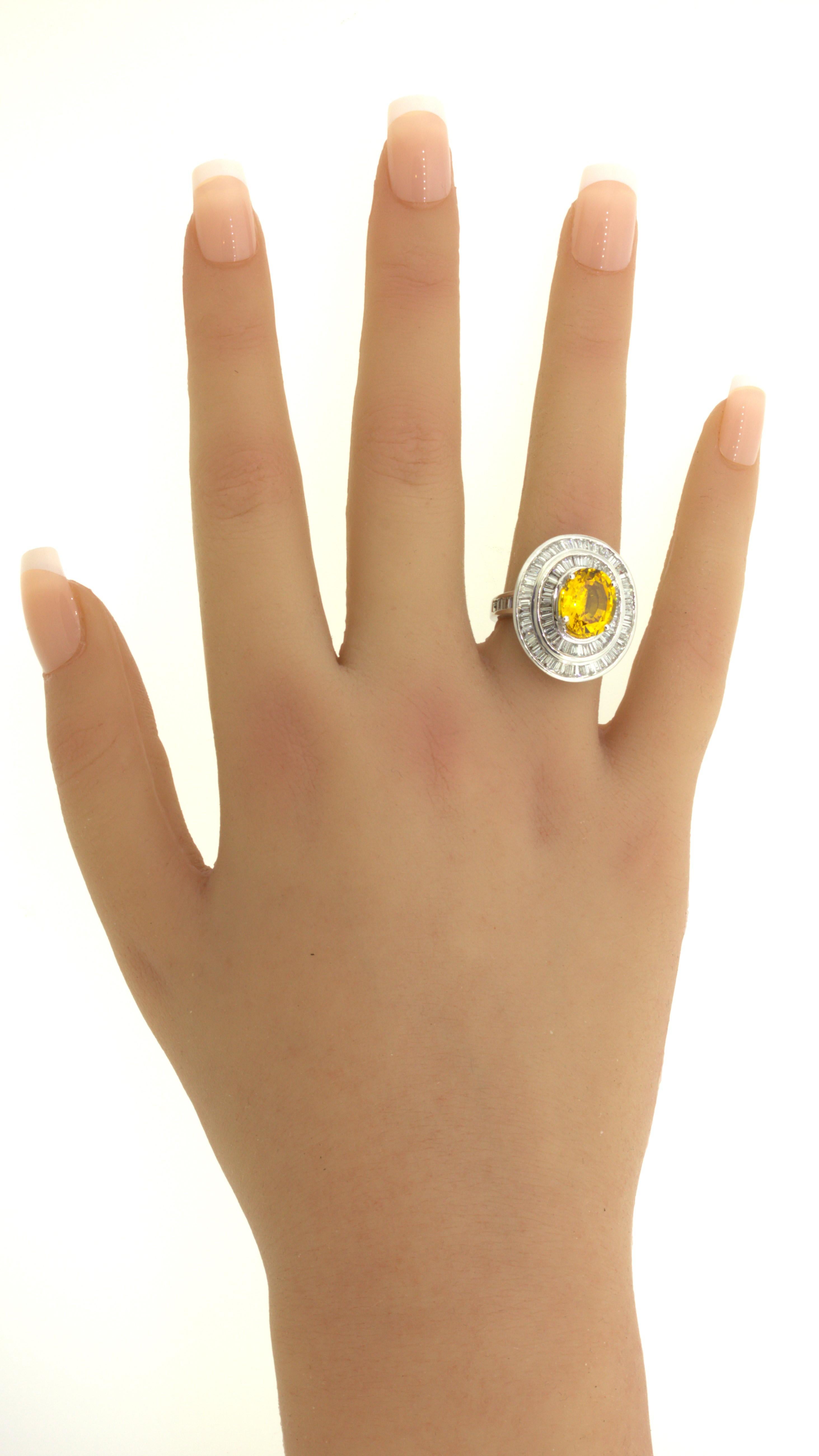 Fancy Yellow Sapphire Diamond Double-Halo 18K White Gold Ring For Sale 9