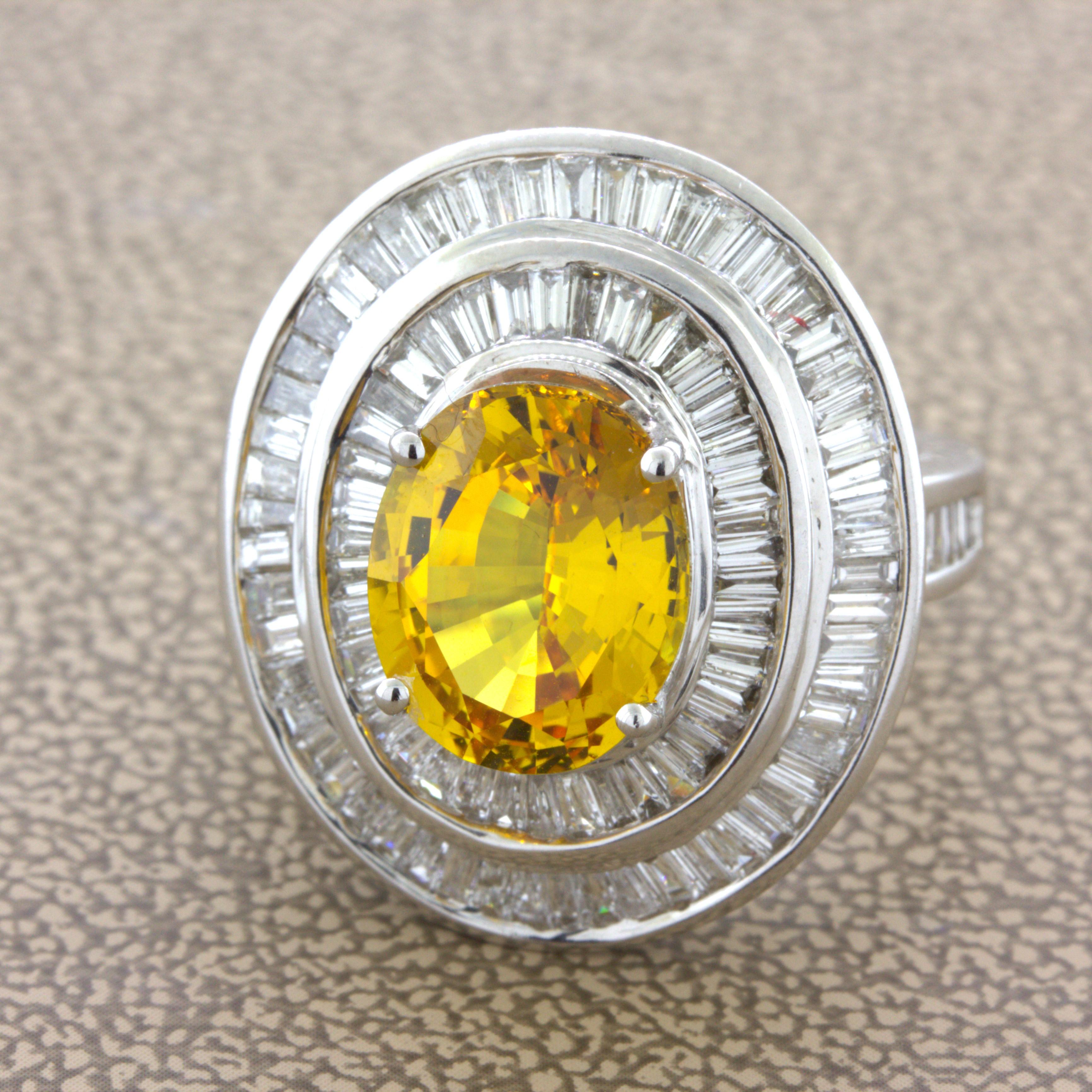 Baguette Cut Fancy Yellow Sapphire Diamond Double-Halo 18K White Gold Ring For Sale