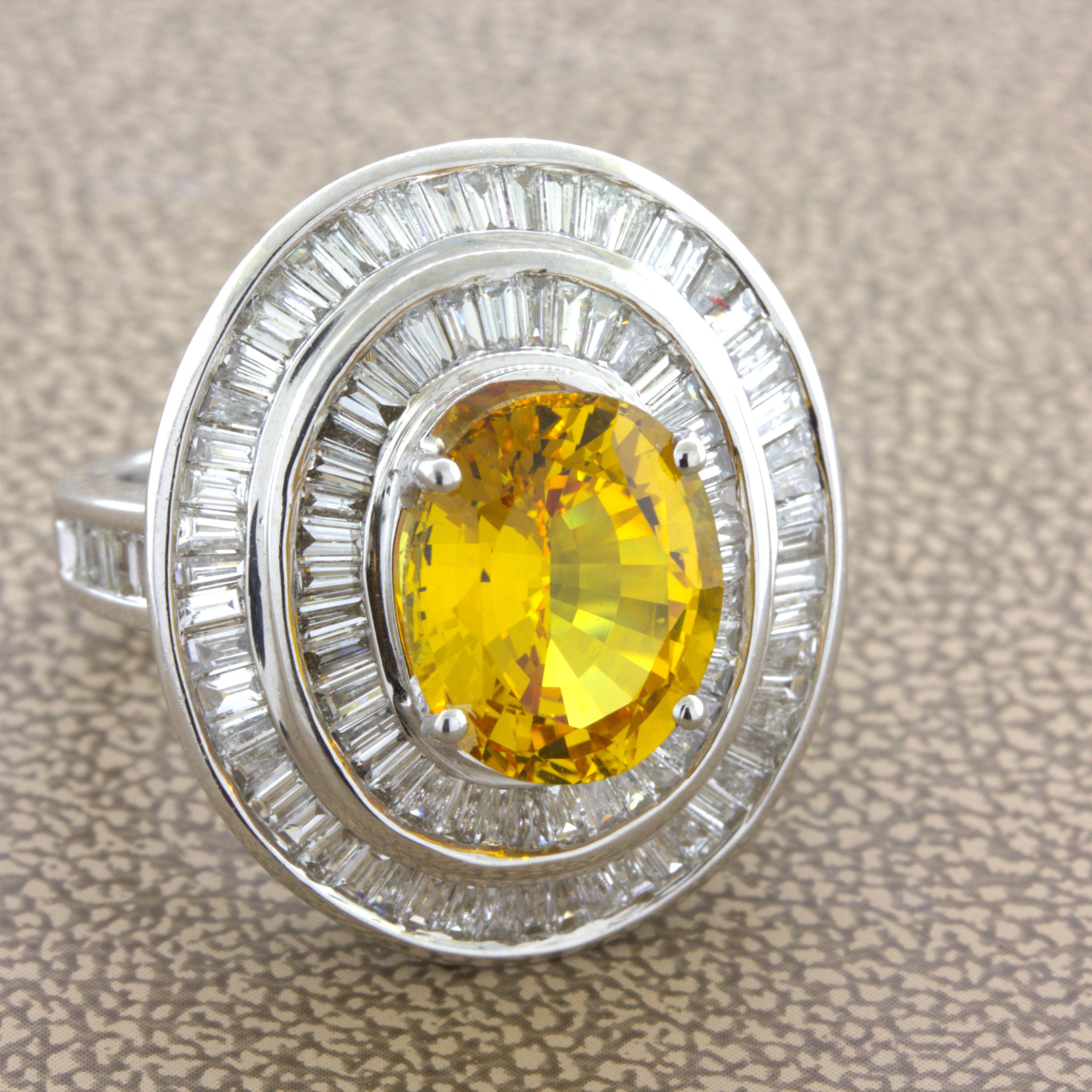 Fancy Yellow Sapphire Diamond Double-Halo 18K White Gold Ring In New Condition For Sale In Beverly Hills, CA