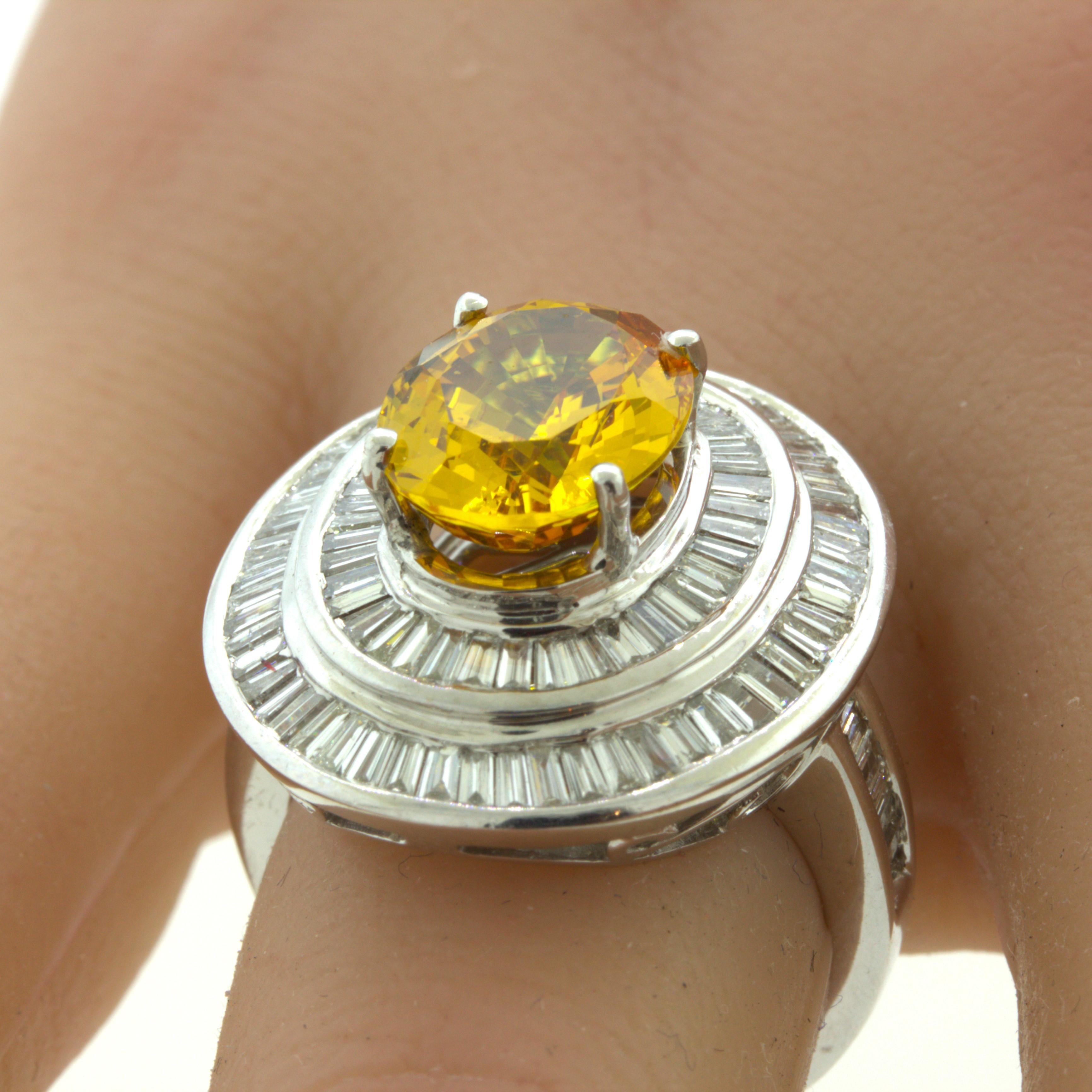 Fancy Yellow Sapphire Diamond Double-Halo 18K White Gold Ring For Sale 1