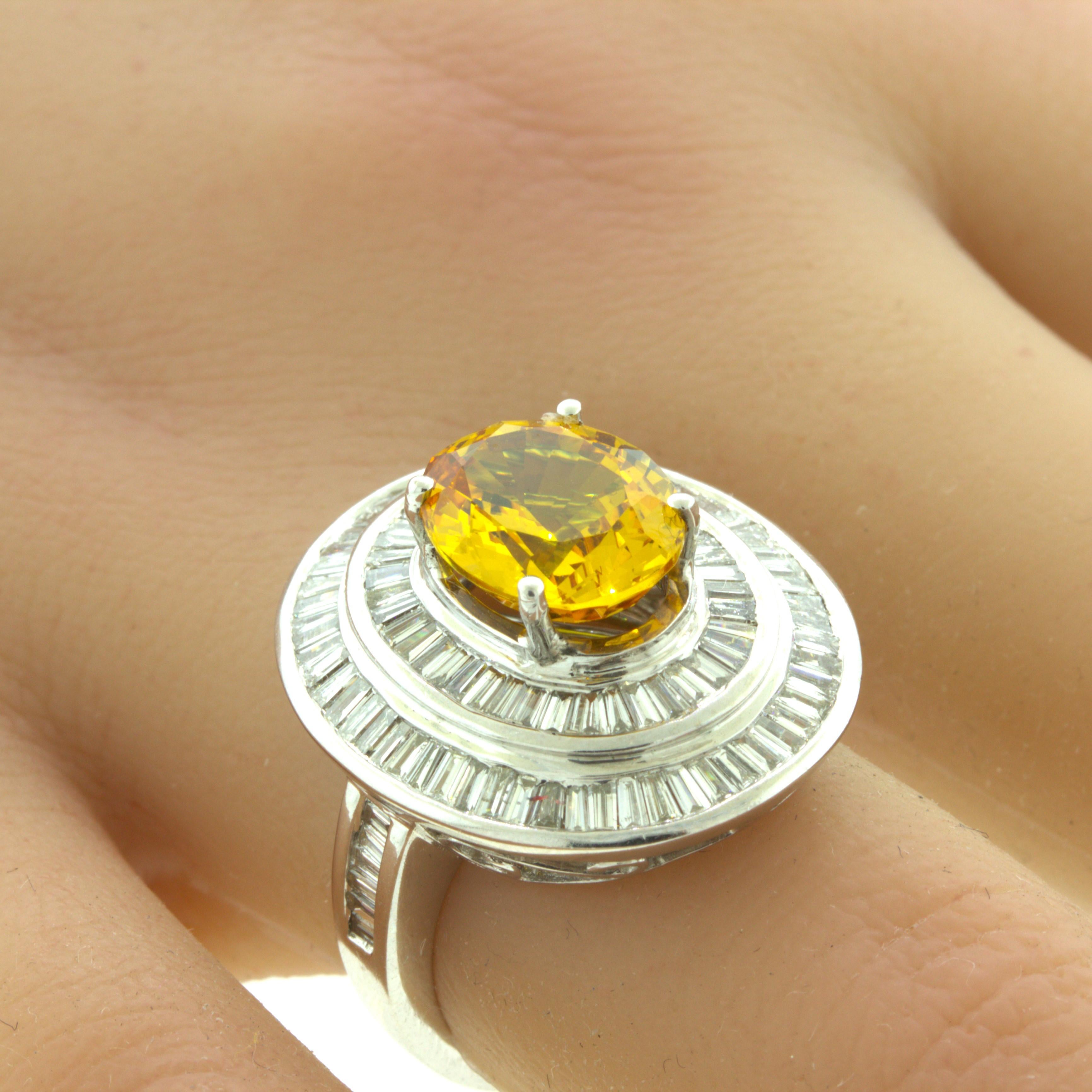 Fancy Yellow Sapphire Diamond Double-Halo 18K White Gold Ring For Sale 2