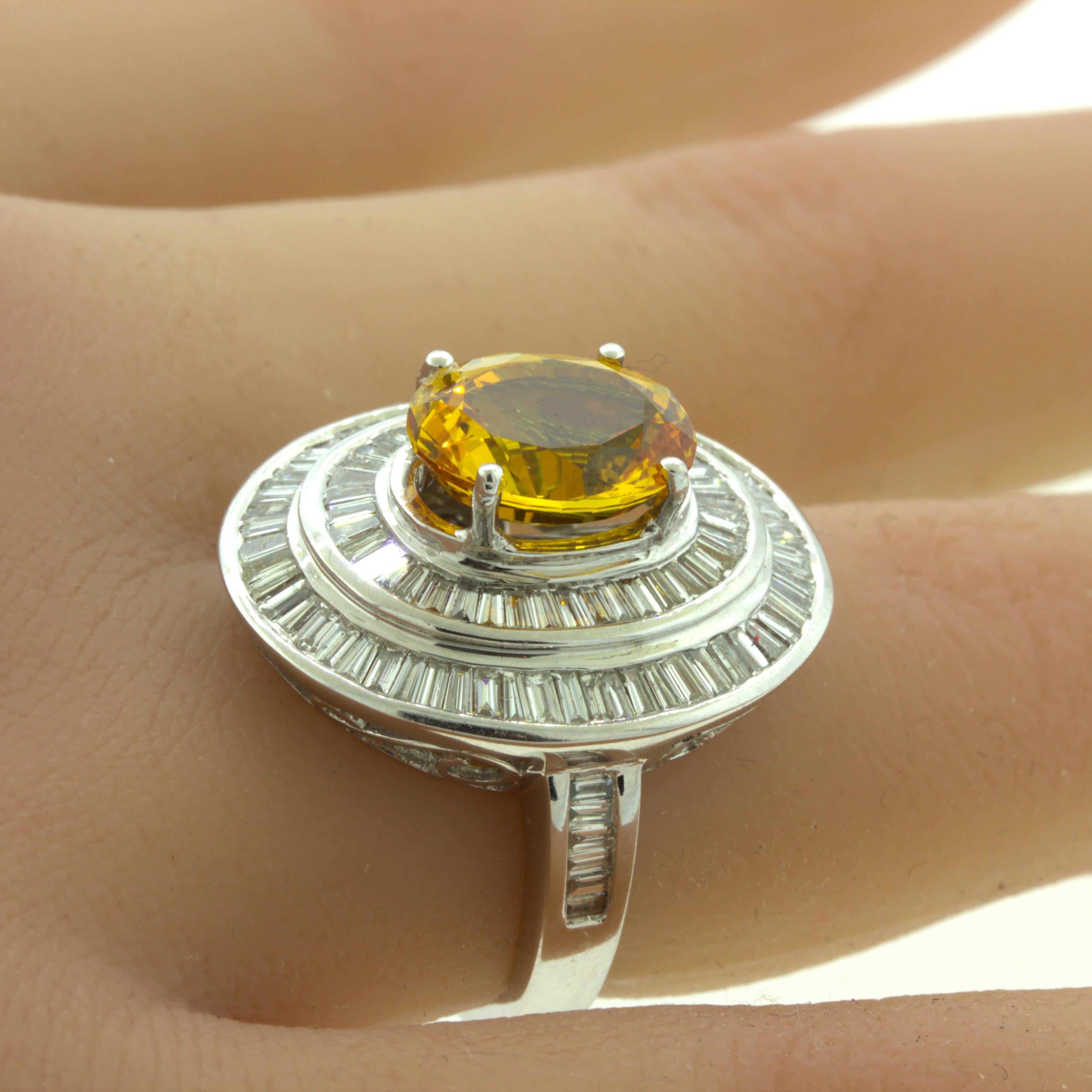 Fancy Yellow Sapphire Diamond Double-Halo 18K White Gold Ring For Sale 3