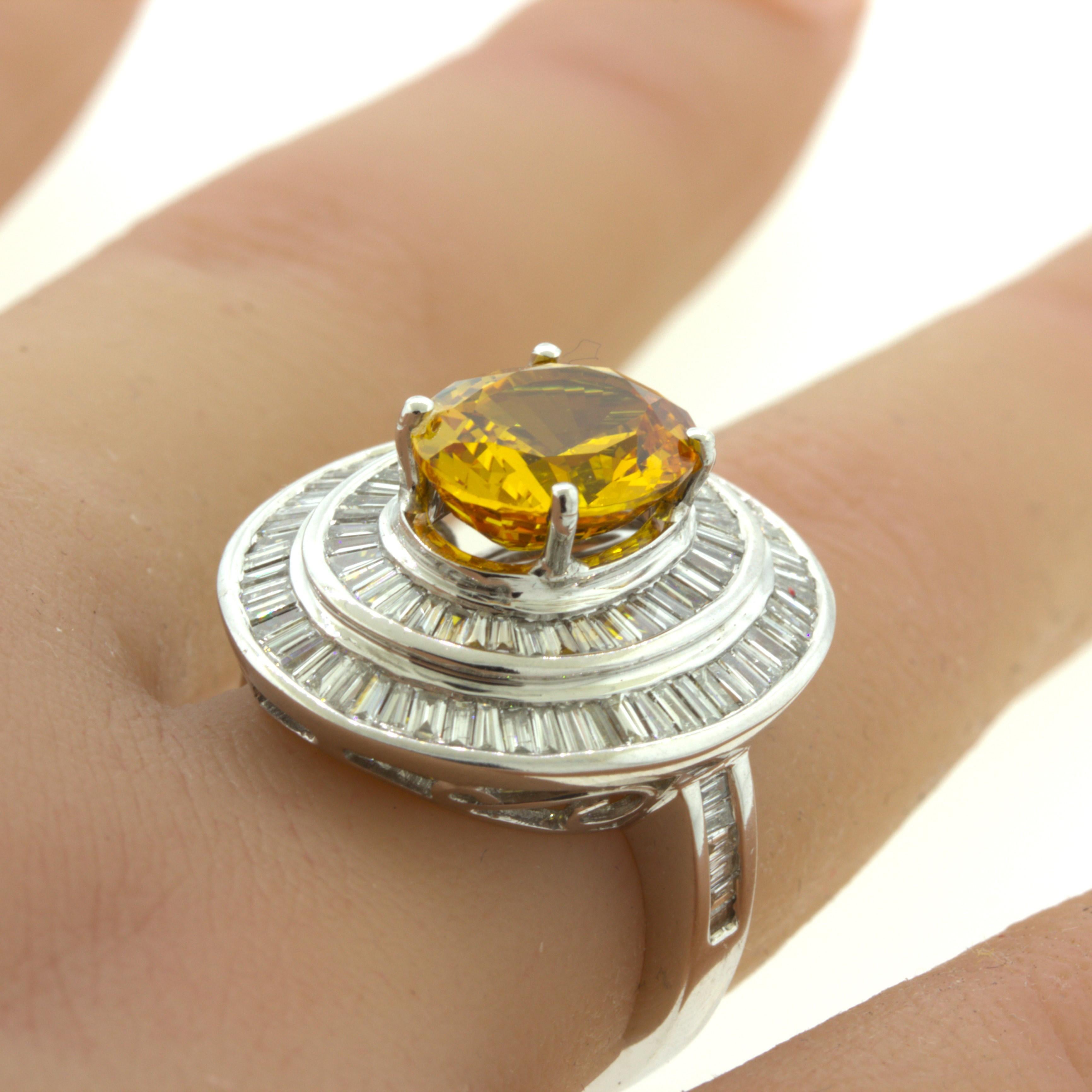 Fancy Yellow Sapphire Diamond Double-Halo 18K White Gold Ring For Sale 4