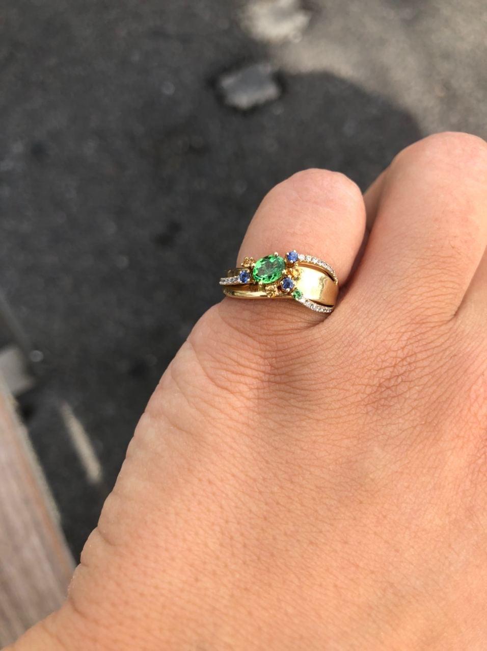 Fancy Yellow Sapphire Diamond Green Tsavorite Yellow Gold Pinkie Ring for Her 2
