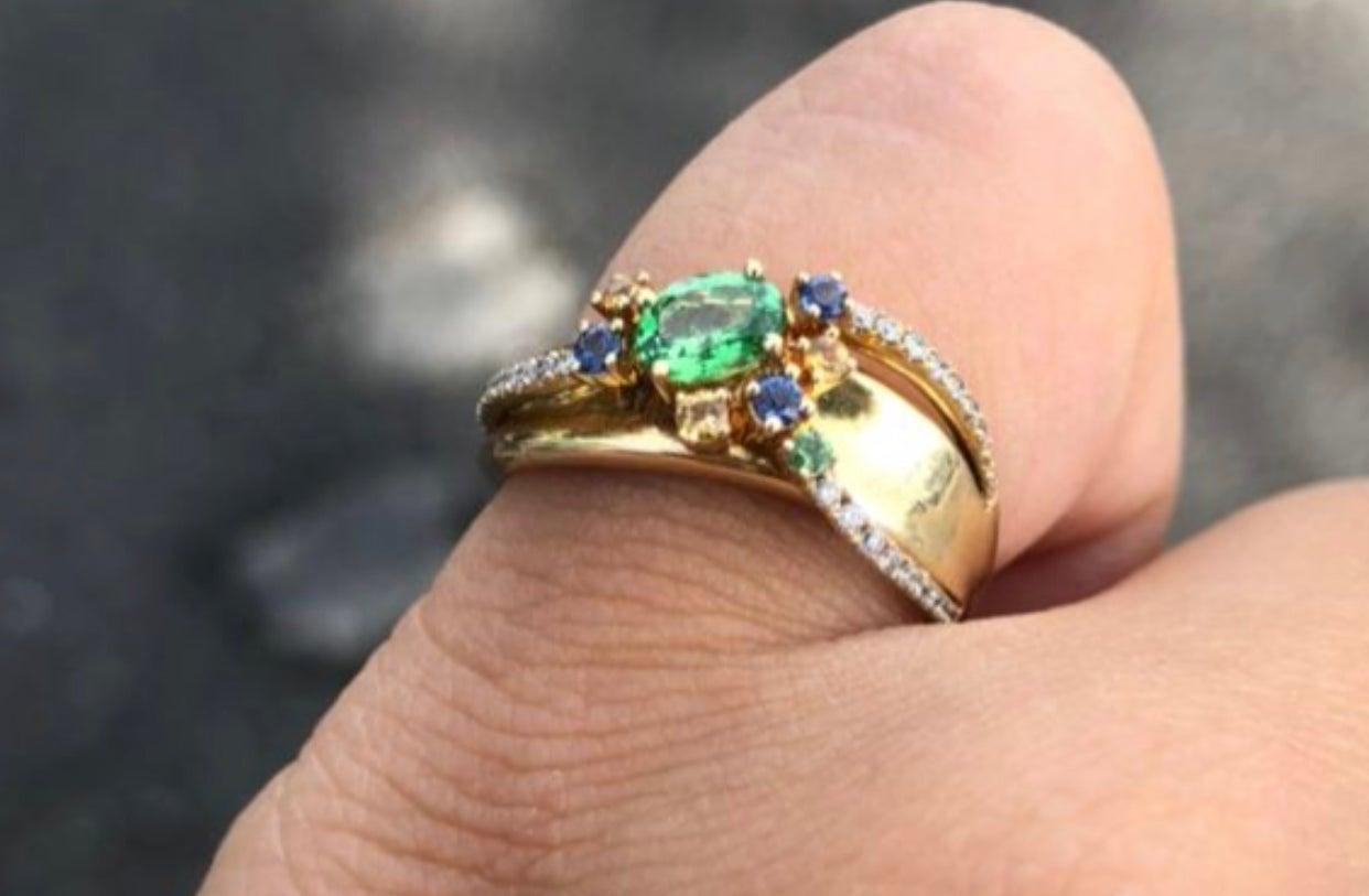 Fancy Yellow Sapphire Diamond Green Tsavorite Yellow Gold Pinkie Ring for Her 3