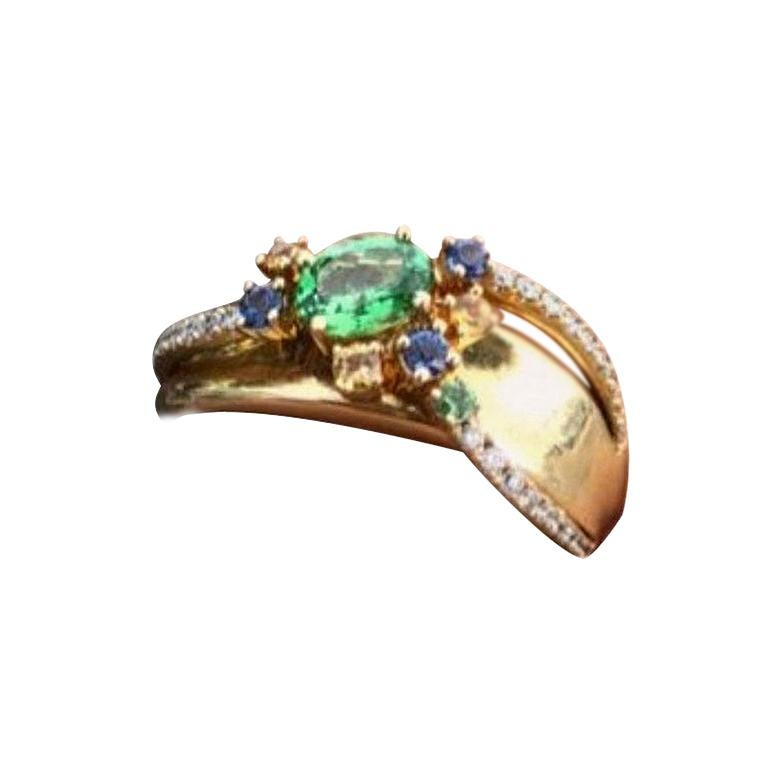 Fancy Yellow Sapphire Diamond Green Tsavorite Yellow Gold Pinkie Ring for Her
