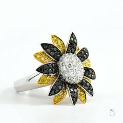 Fancy Yellow, White and Black Diamond Flower Ring