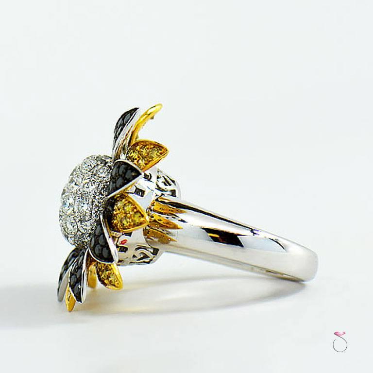 Round Cut Fancy Yellow, White and Black Diamond Flower Ring For Sale
