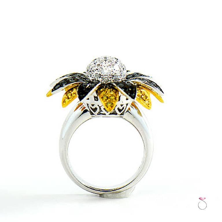 Women's Fancy Yellow, White and Black Diamond Flower Ring For Sale