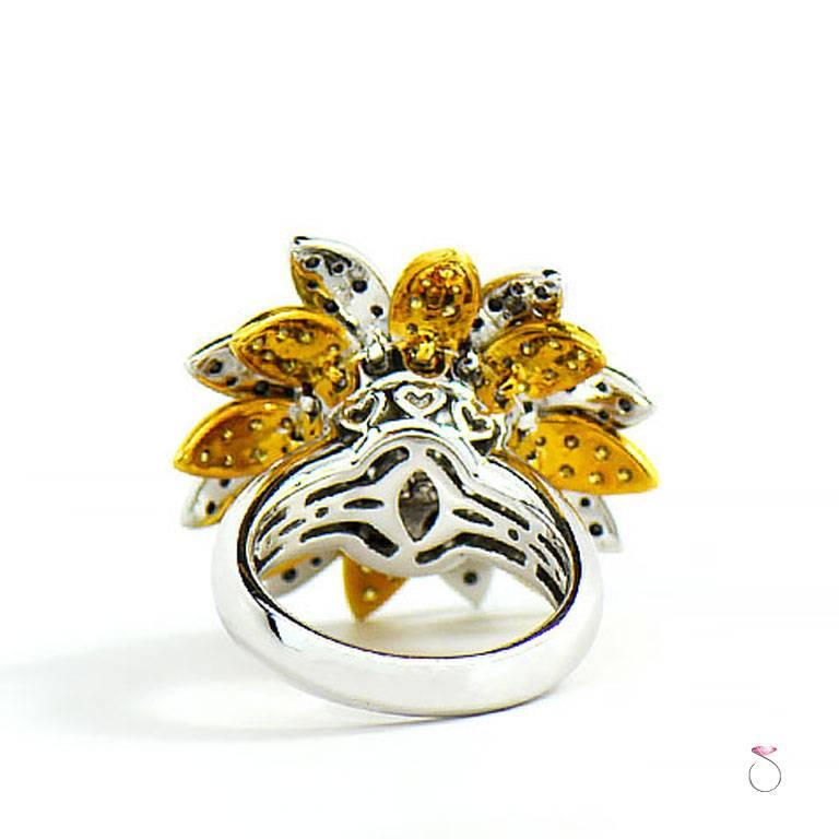 Fancy Yellow, White and Black Diamond Flower Ring For Sale 1