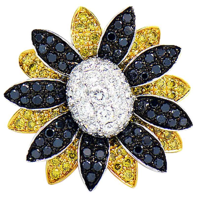 Fancy Yellow, White and Black Diamond Flower Ring For Sale