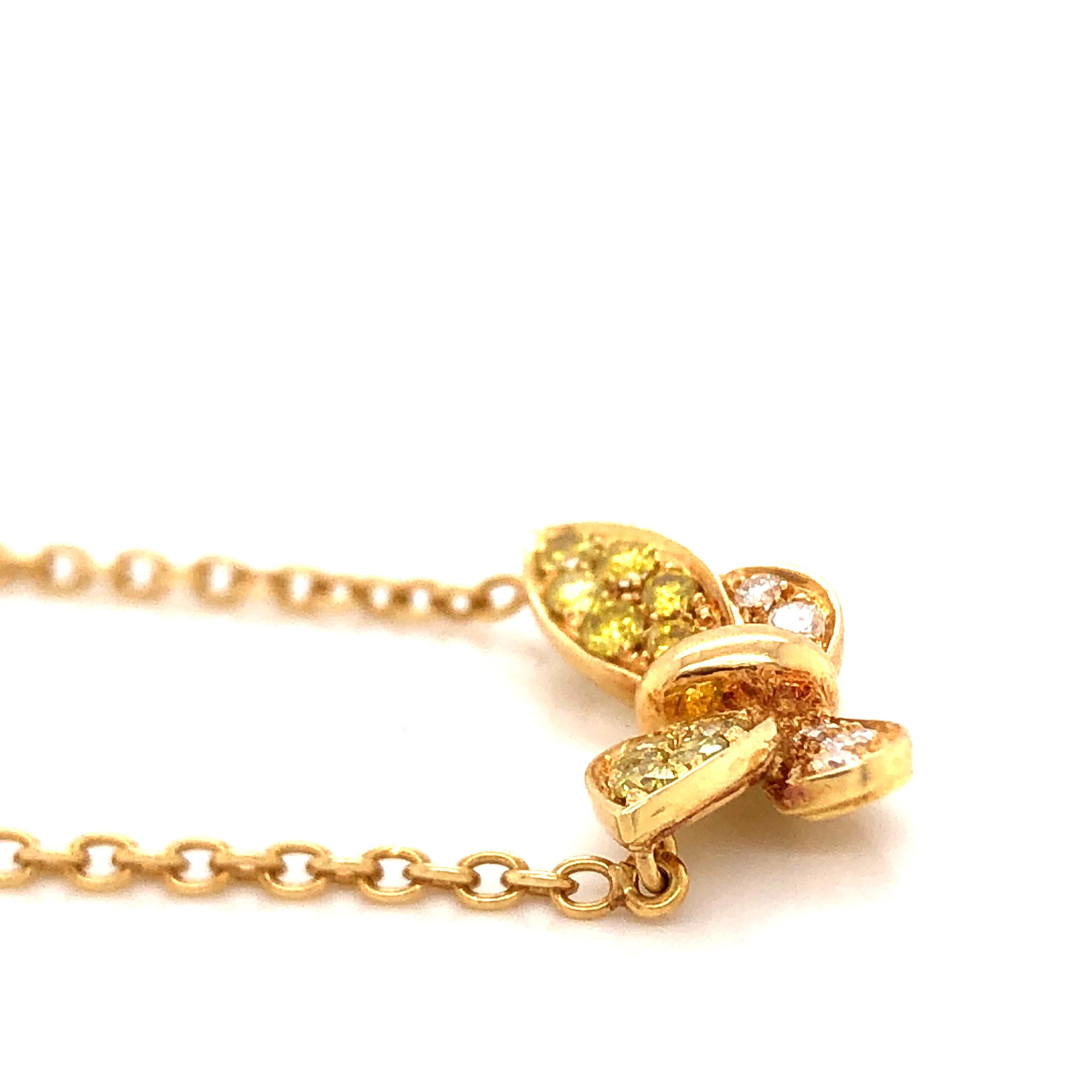 Modern Fancy Yellow and White Diamond Butterfly Necklace 18 Karat Gold 1.01 Carat