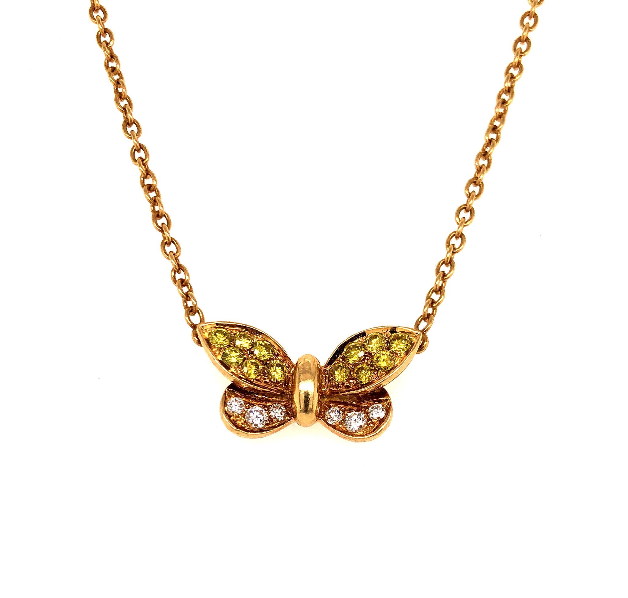 Round Cut Fancy Yellow and White Diamond Butterfly Necklace 18 Karat Gold 1.01 Carat