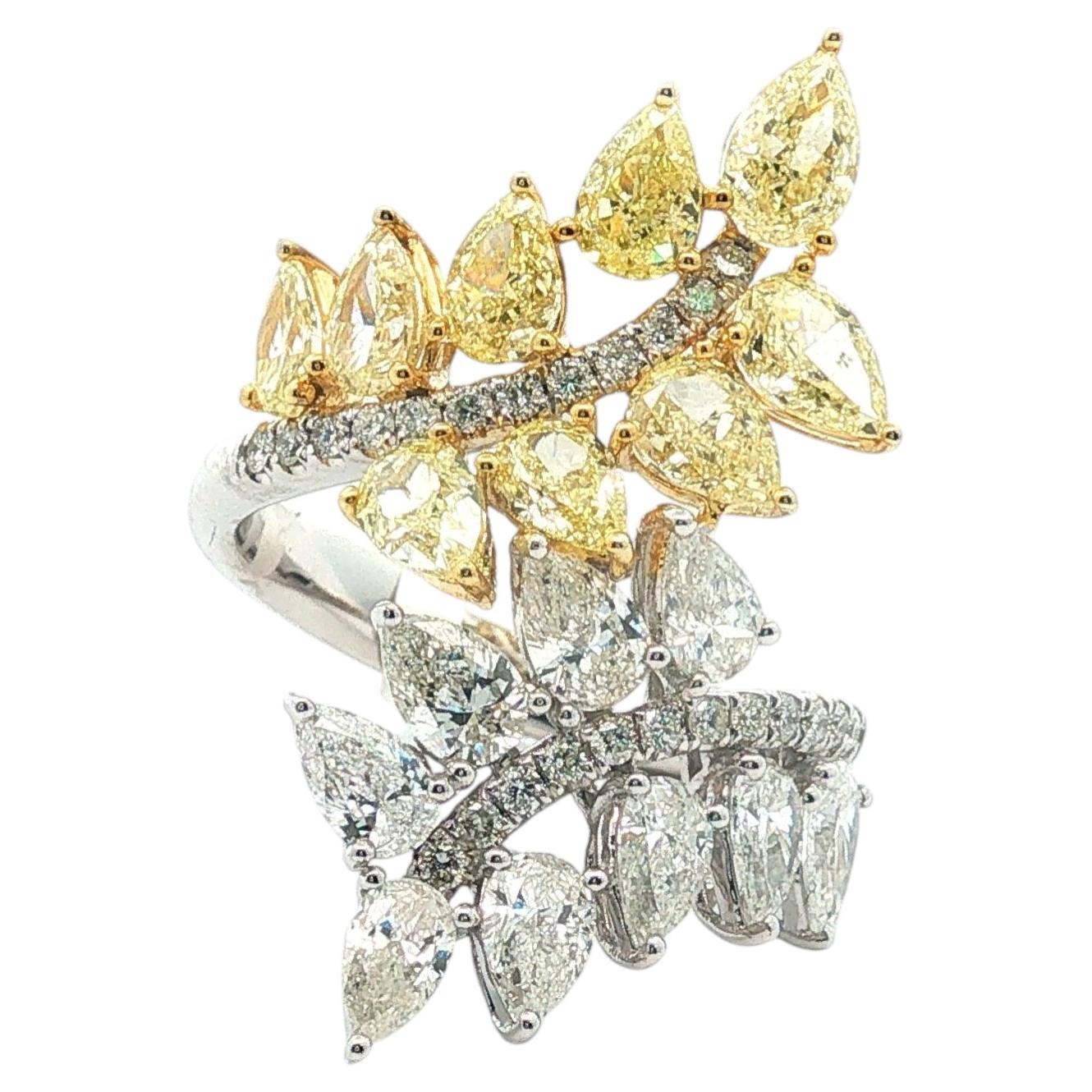 Fancy Yellow & White Diamond Pearshape Bypass Leaf Ring 4.10ct 18K Gold