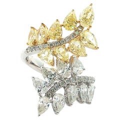 Anillo Bypass Hoja Diamante Blanco Amarillo Fantasía 4.10ct Oro 18K