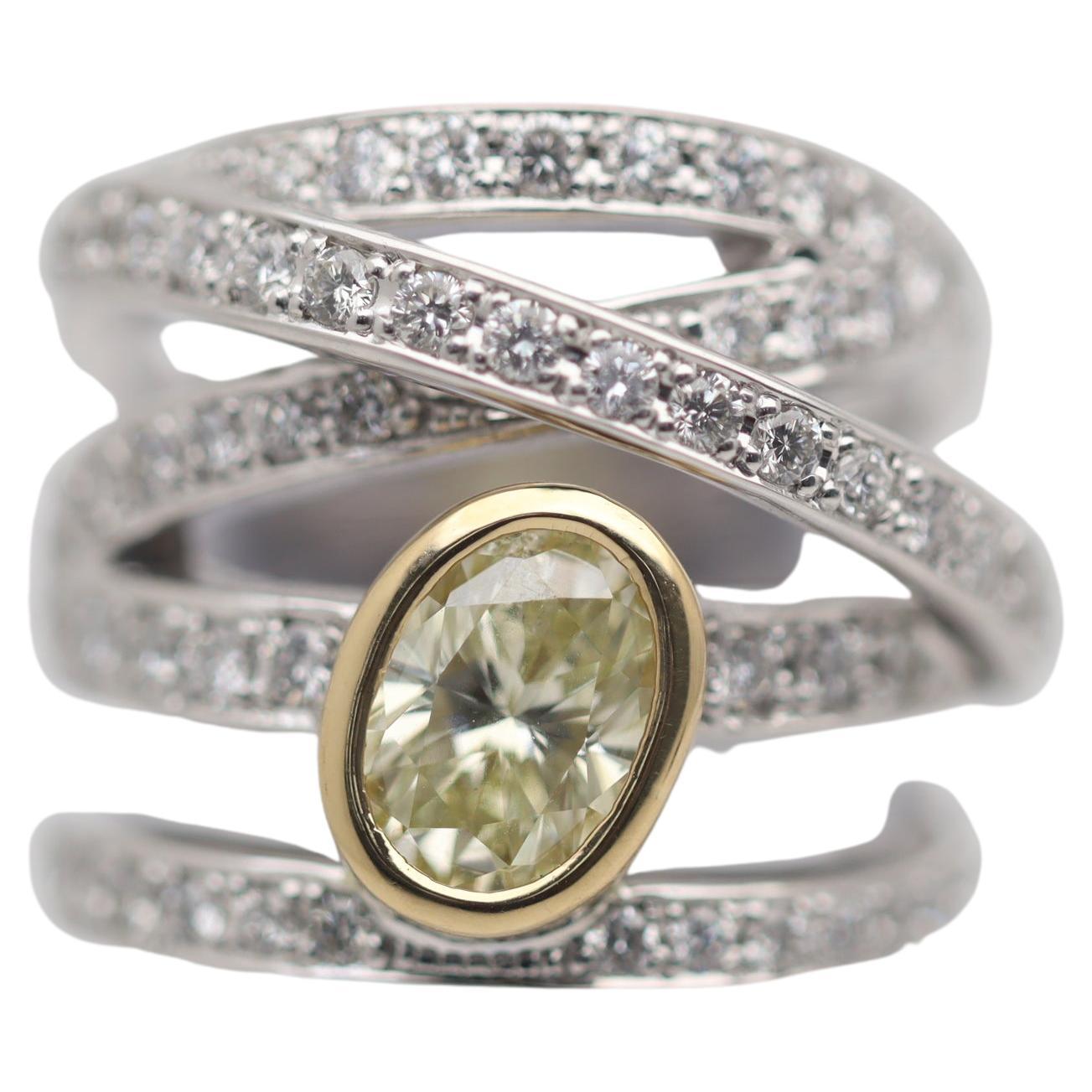 Fancy Yellow & White Diamond Platinum & Gold Band Ring For Sale