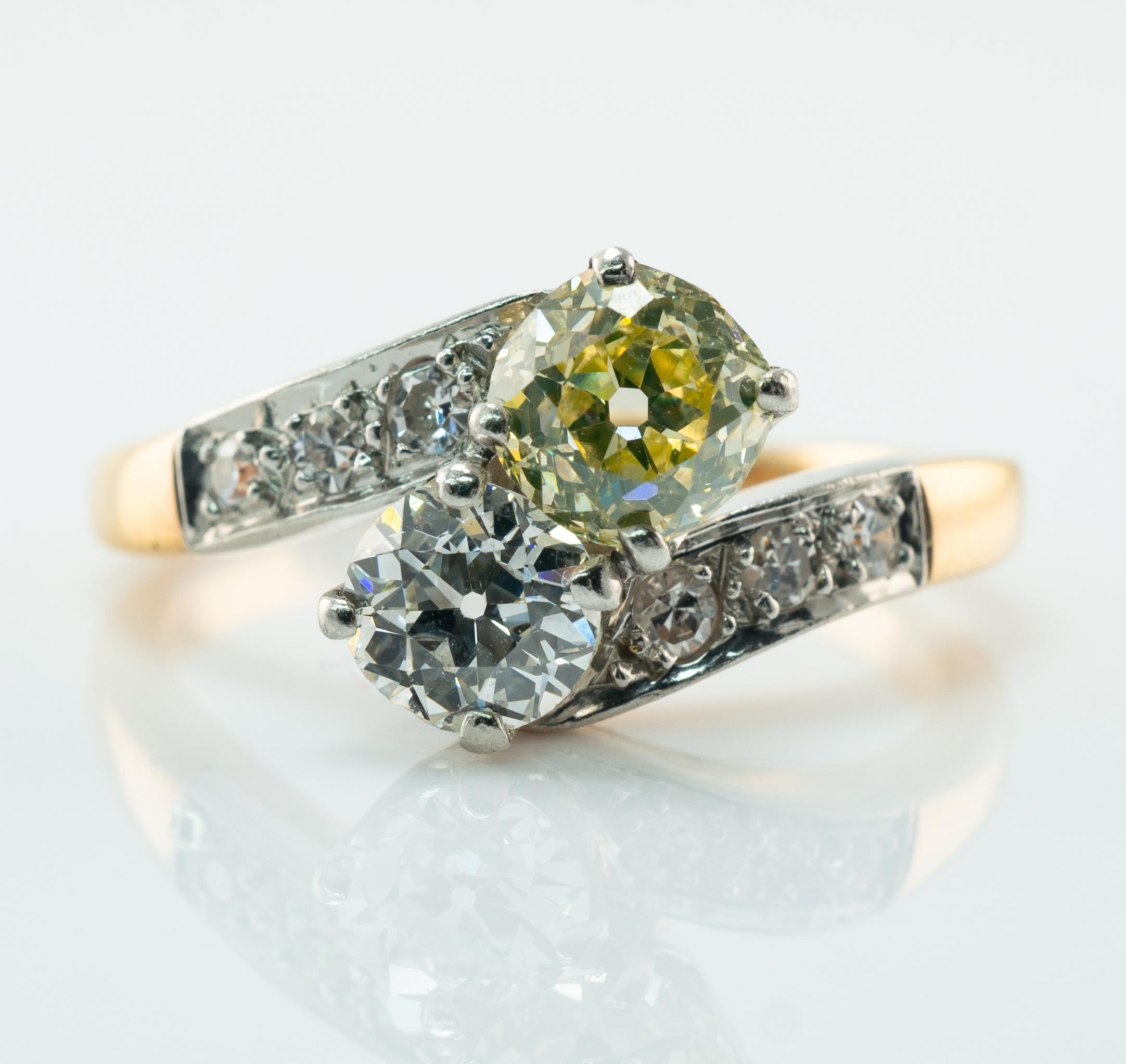 Fancy Yellow & White Diamond Ring 14K Gold Platinum 1.28 TDW Old Mine For Sale 5
