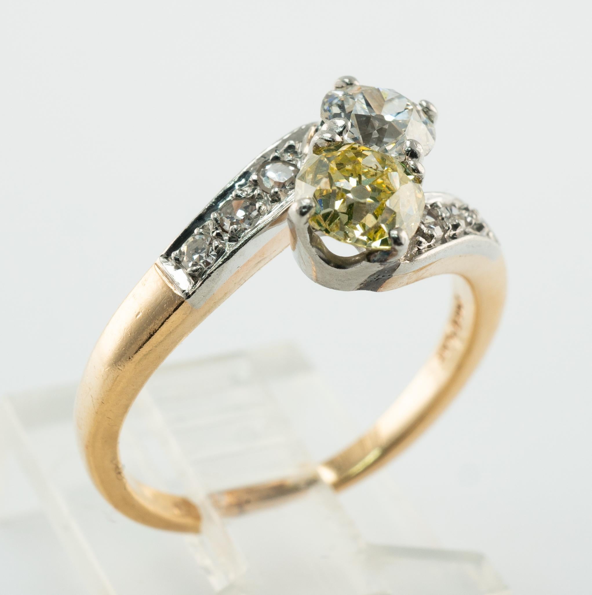 Fancy Yellow & White Diamond Ring 14K Gold Platinum 1.28 TDW Old Mine For Sale 7