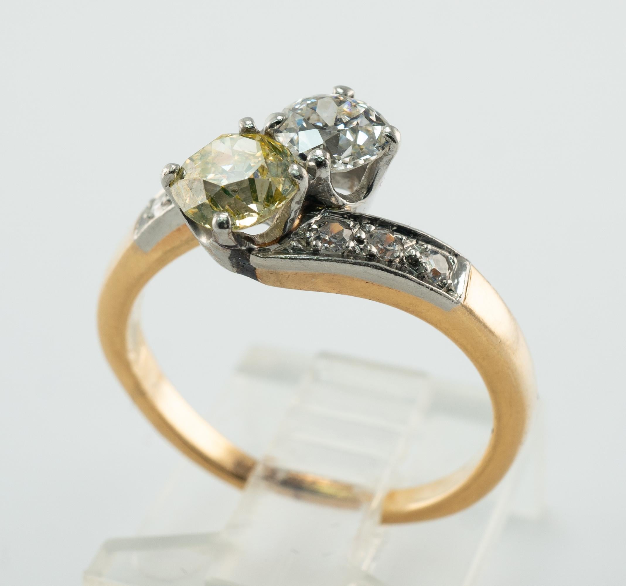 Fancy Yellow & White Diamond Ring 14K Gold Platinum 1.28 TDW Old Mine For Sale 8