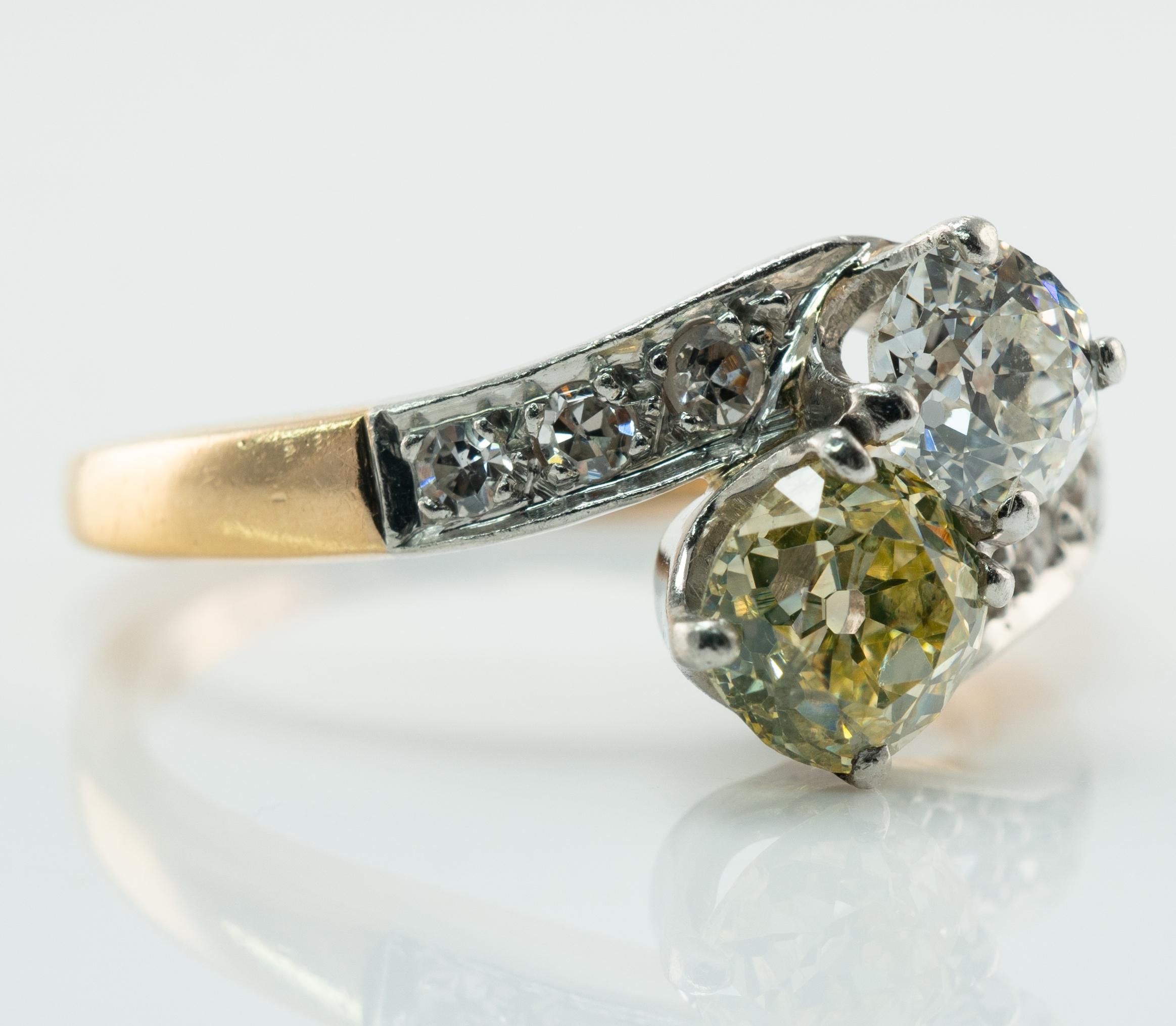 Edwardian Fancy Yellow & White Diamond Ring 14K Gold Platinum 1.28 TDW Old Mine For Sale