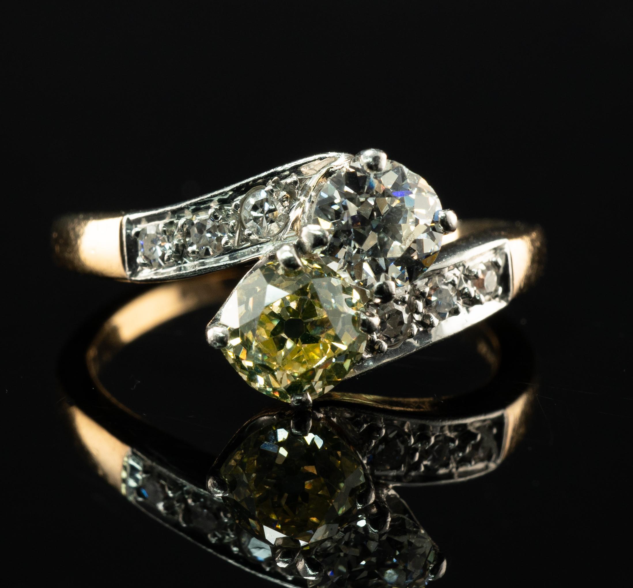 Old Mine Cut Fancy Yellow & White Diamond Ring 14K Gold Platinum 1.28 TDW Old Mine For Sale