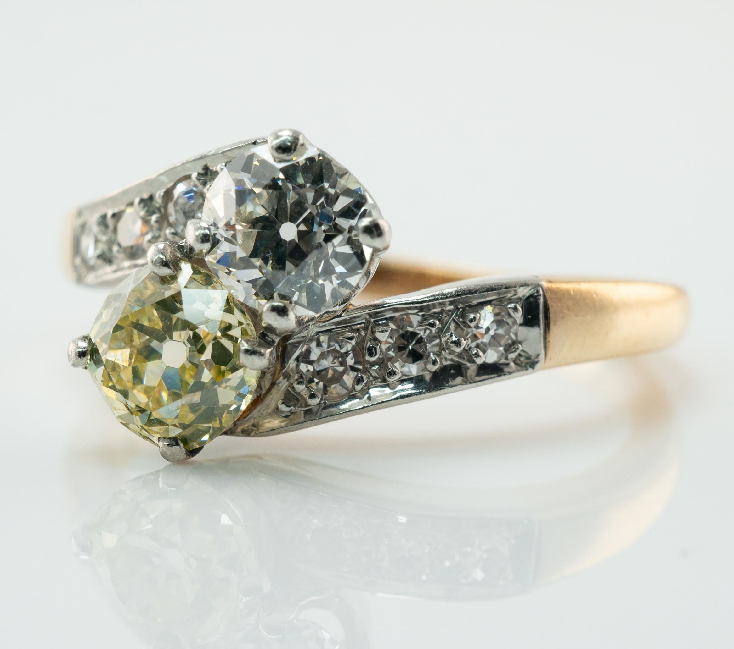 Fancy Yellow & White Diamond Ring 14K Gold Platinum 1.28 TDW Old Mine In Good Condition For Sale In East Brunswick, NJ
