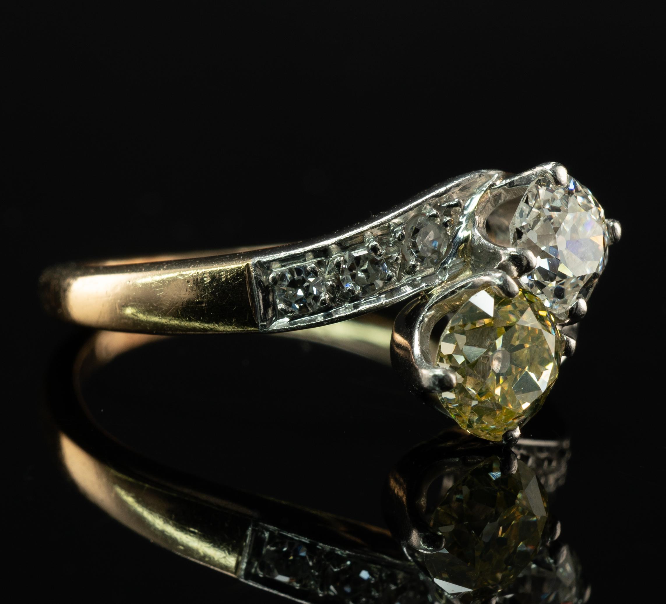 Bague diamant jaune et blanc fantaisie 14K Or Platine 1.28 TDW Old Mine en vente 1