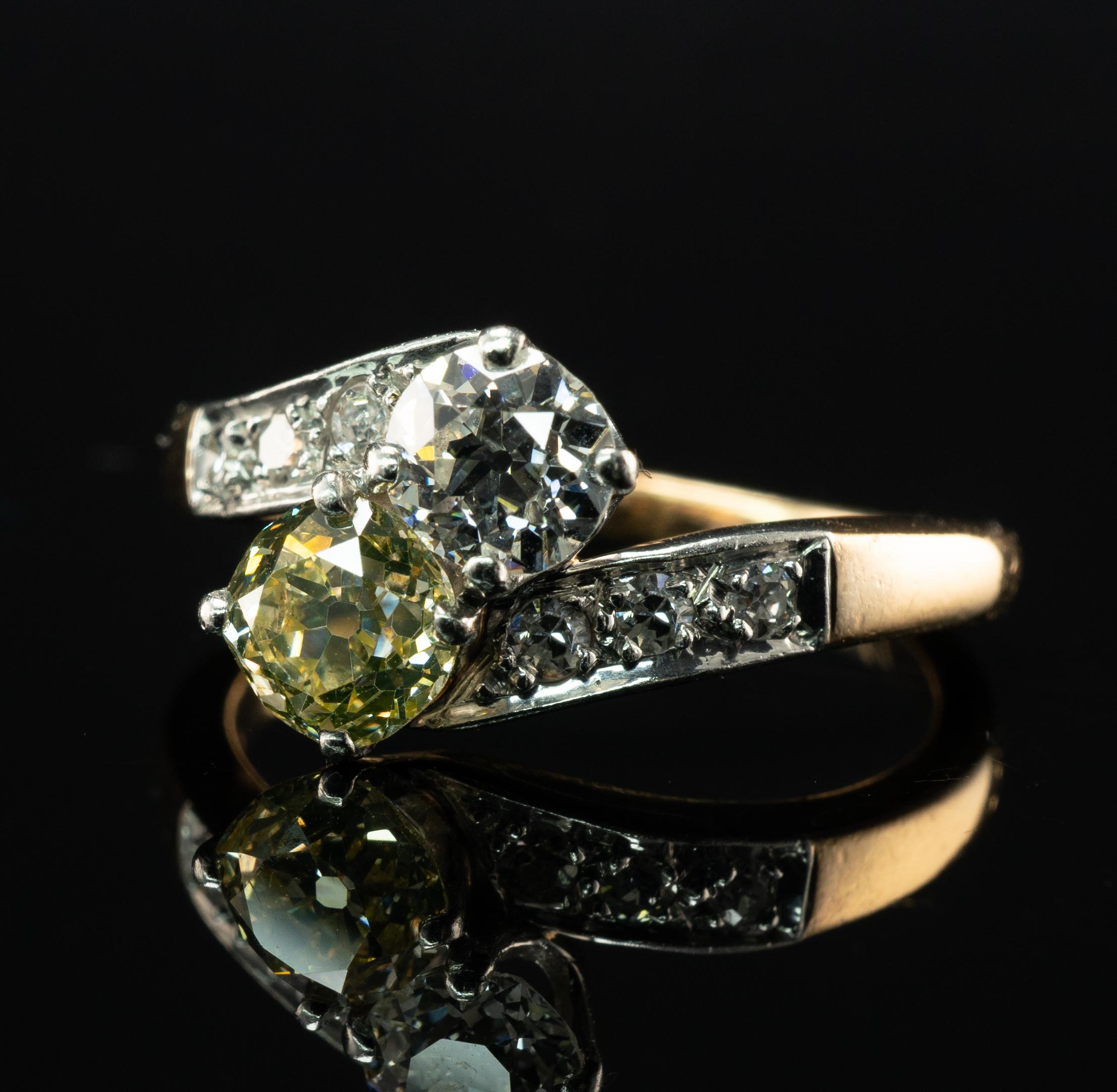 Fancy Yellow & White Diamond Ring 14K Gold Platinum 1.28 TDW Old Mine For Sale 4