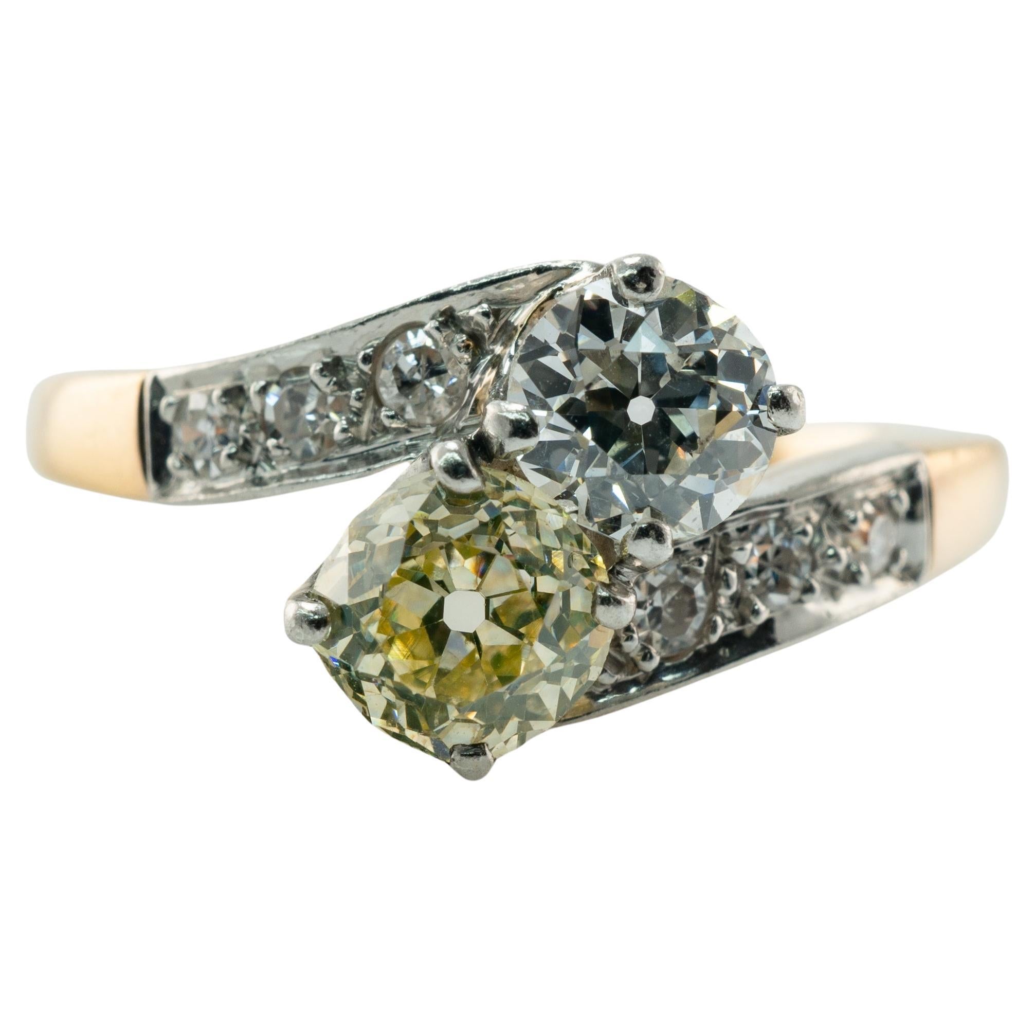 Fancy Yellow & White Diamond Ring 14K Gold Platinum 1.28 TDW Old Mine For Sale