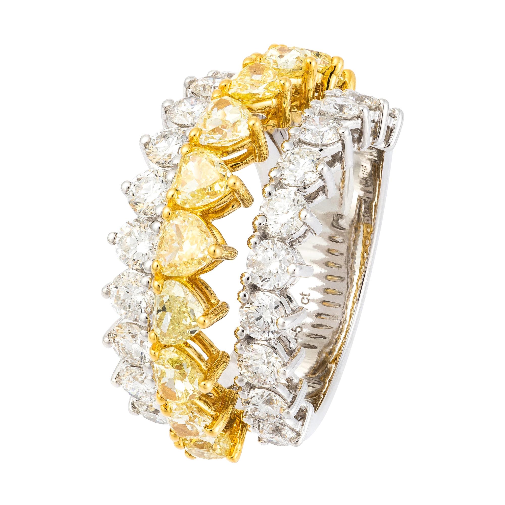 Fancy Yellow White Diamond Yellow Gold 18k Statement Ring for Her For Sale