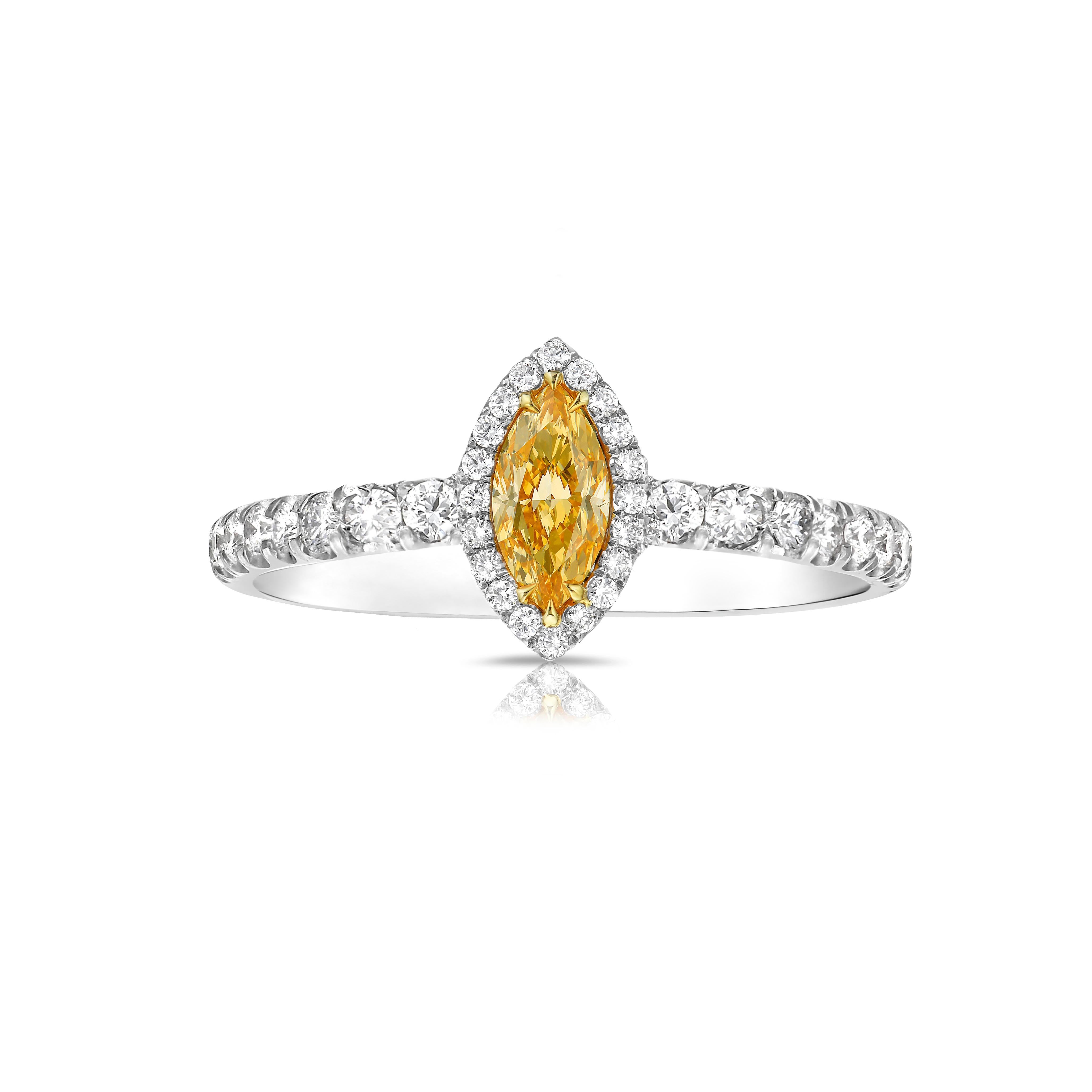 Fancy Yellowish Orange Natural 0,30 Karat Marquise geschliffen.
GIA-Zertifikat 15830718.
Zentrierter weißer Diamant auf weißem 18-karätigem Goldring.

Fancy Gelblich Orange
Abmessungen: 6,94 x 3,23 x 2,29 mm.

Can Größe auf Anfrage. Dafür wären etwa