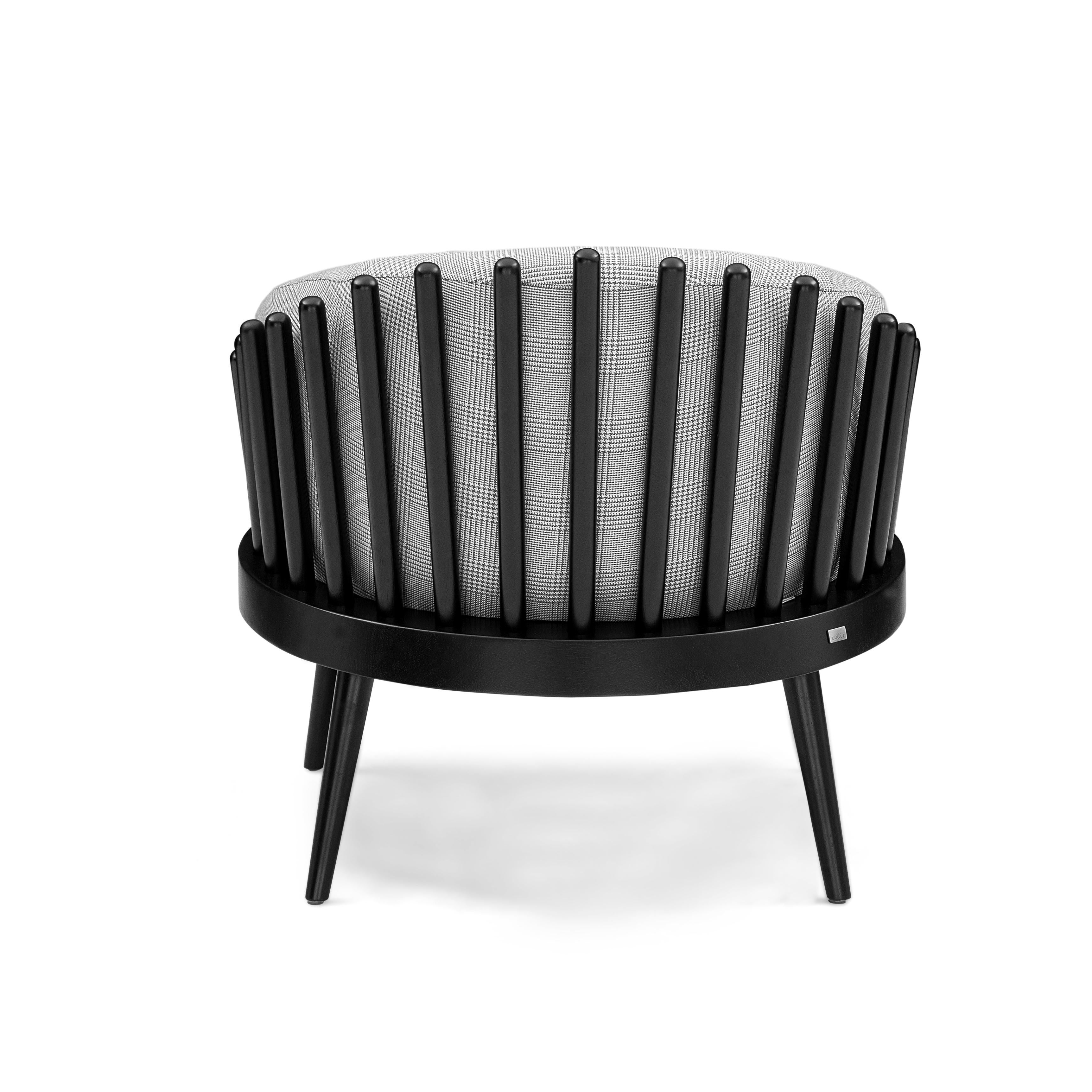 Brazilian Fane Upholstered Armchair in Black Wood Finish and Plaid Fabric For Sale