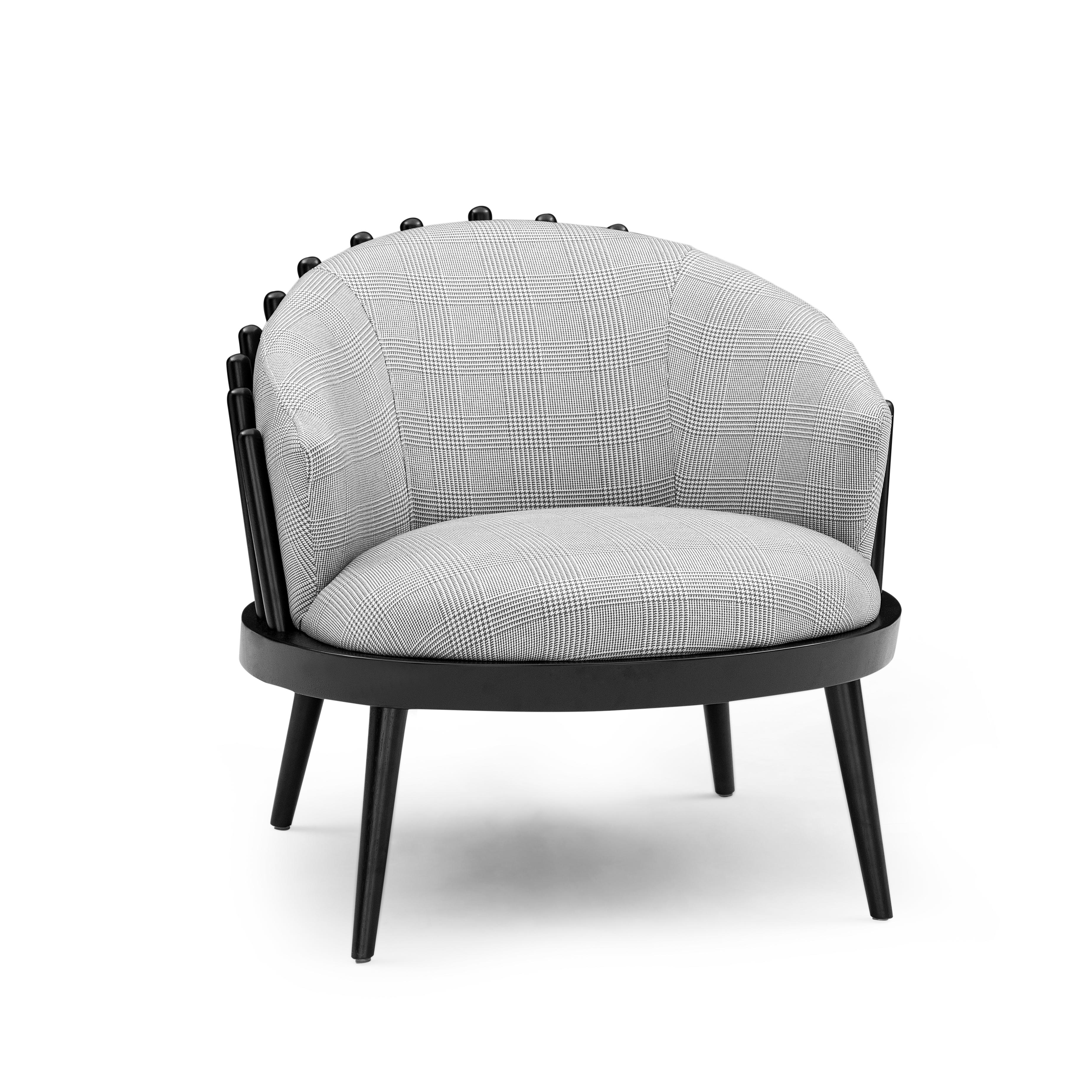 Fane Upholstered Armchair in Black Wood Finish and Plaid Fabric In New Condition For Sale In Miami, FL