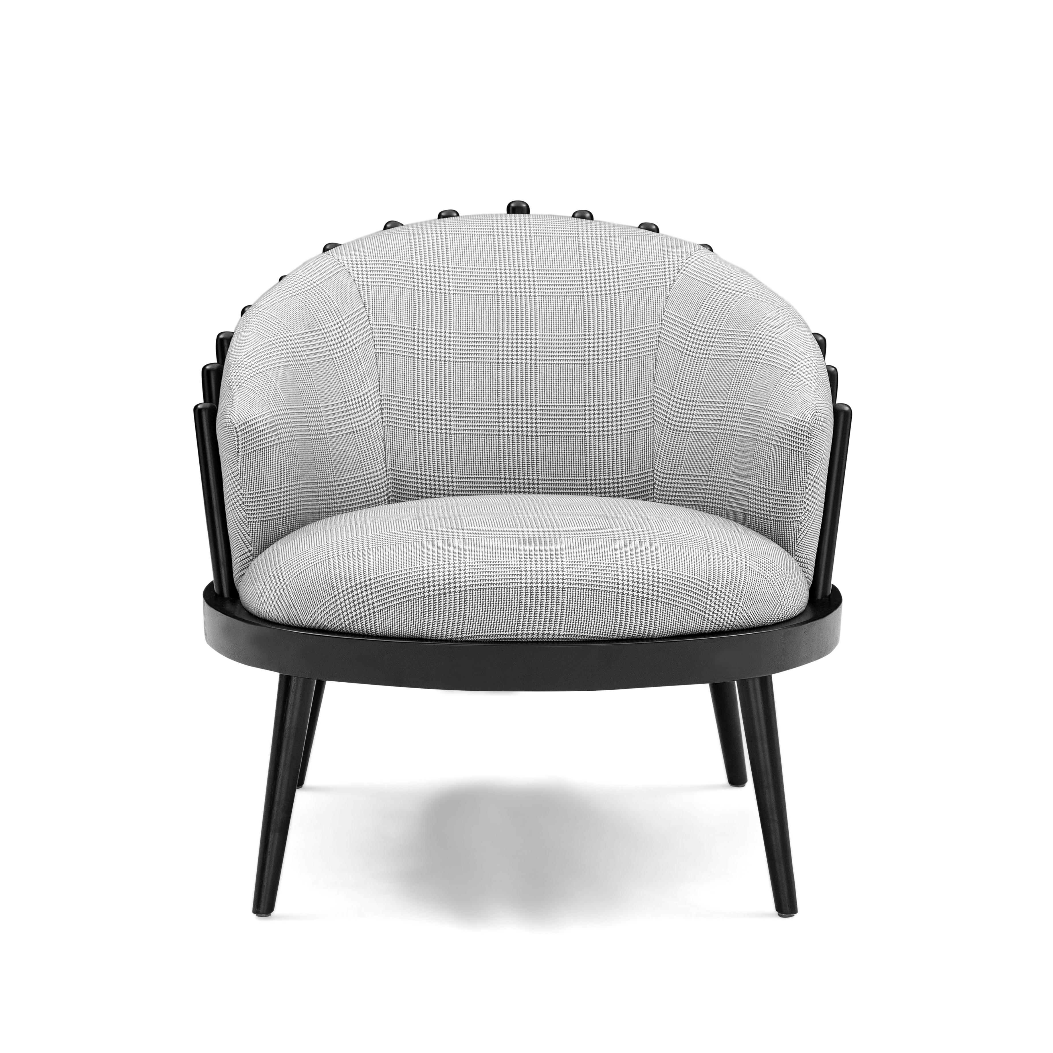 Contemporary Fane Upholstered Armchair in Black Wood Finish and Plaid Fabric For Sale