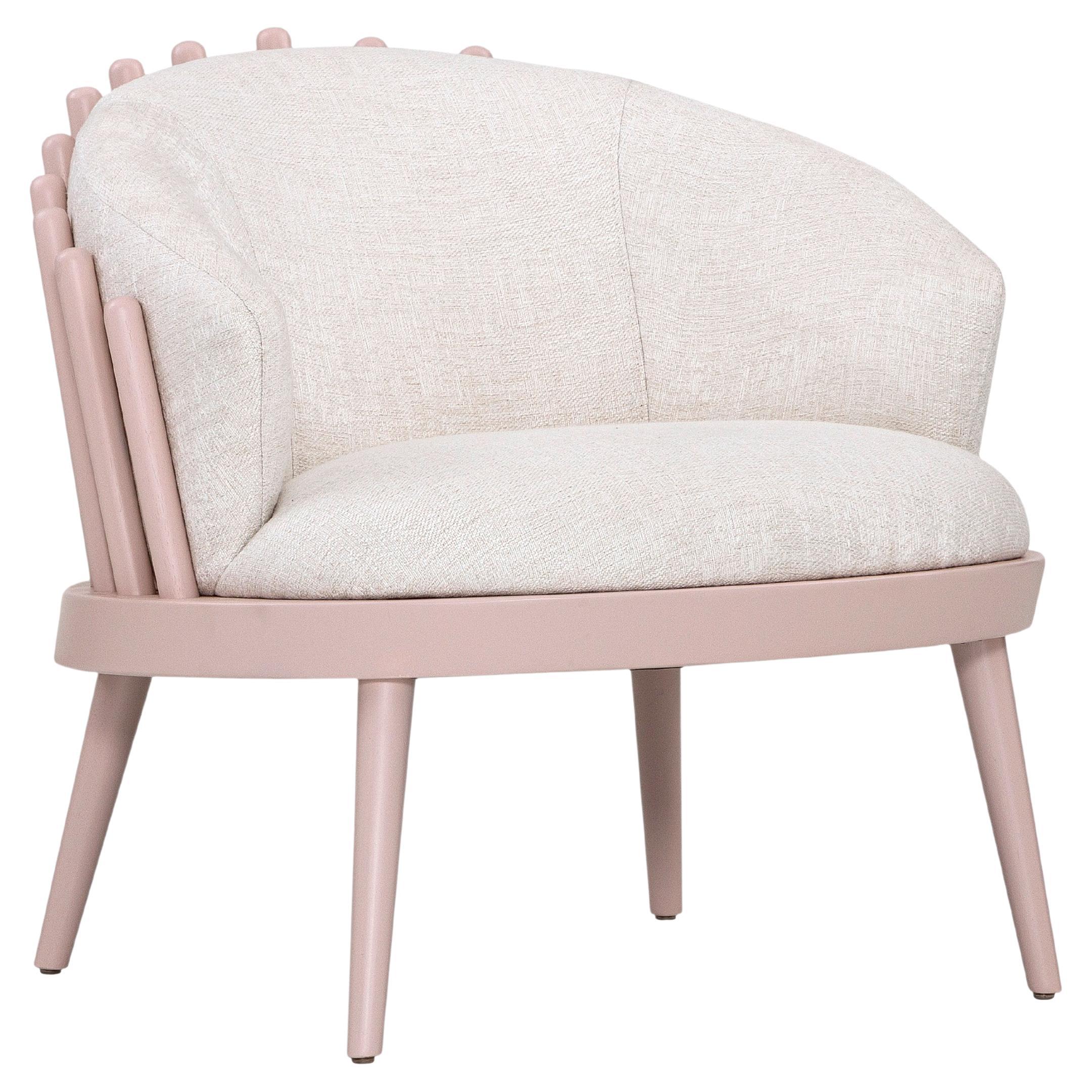 Fane Upholstered Armchair in Quartz Wood Finish and White Fabric For Sale