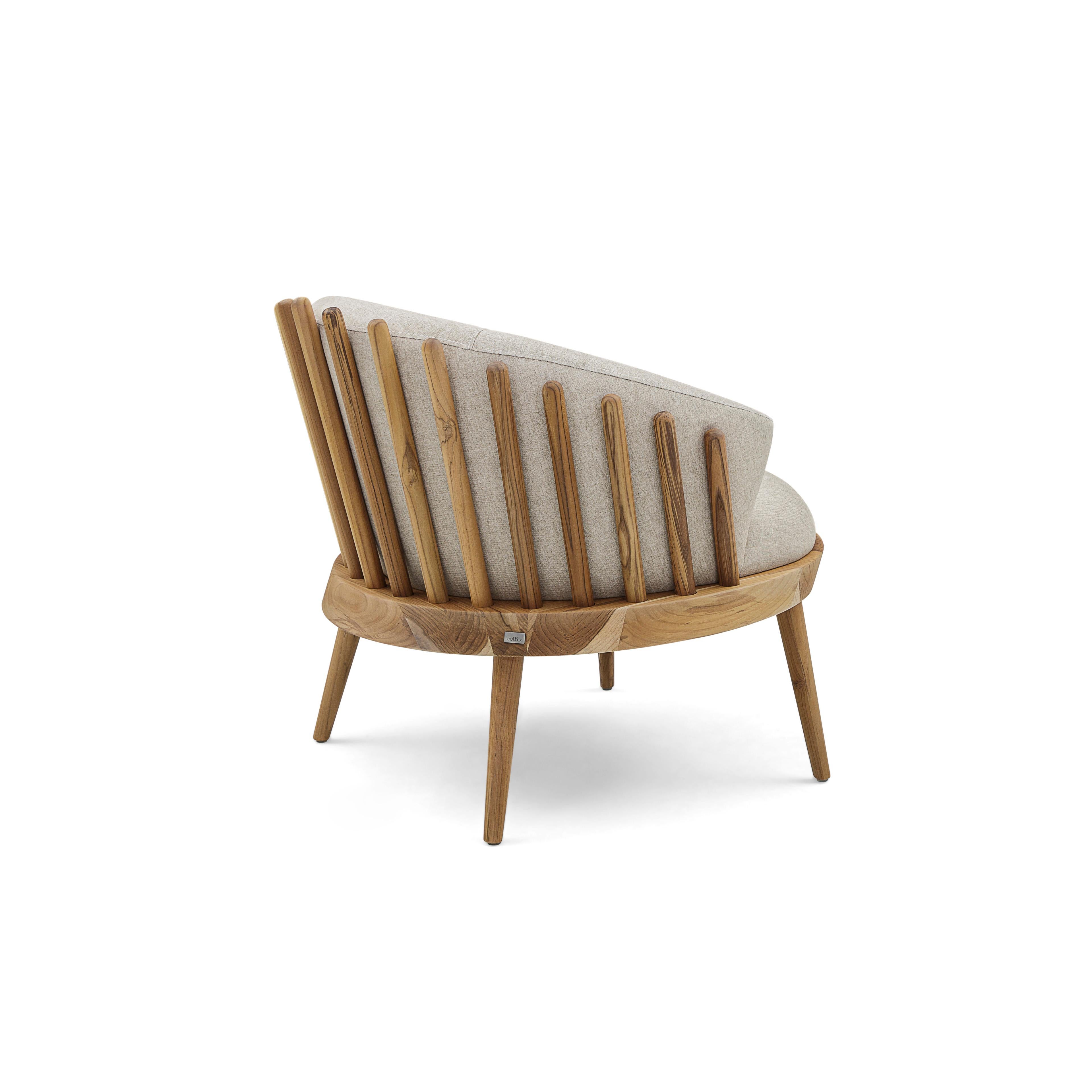 Fane Upholstered Armchair in Teak Wood Finish and Ivory Fabric For Sale