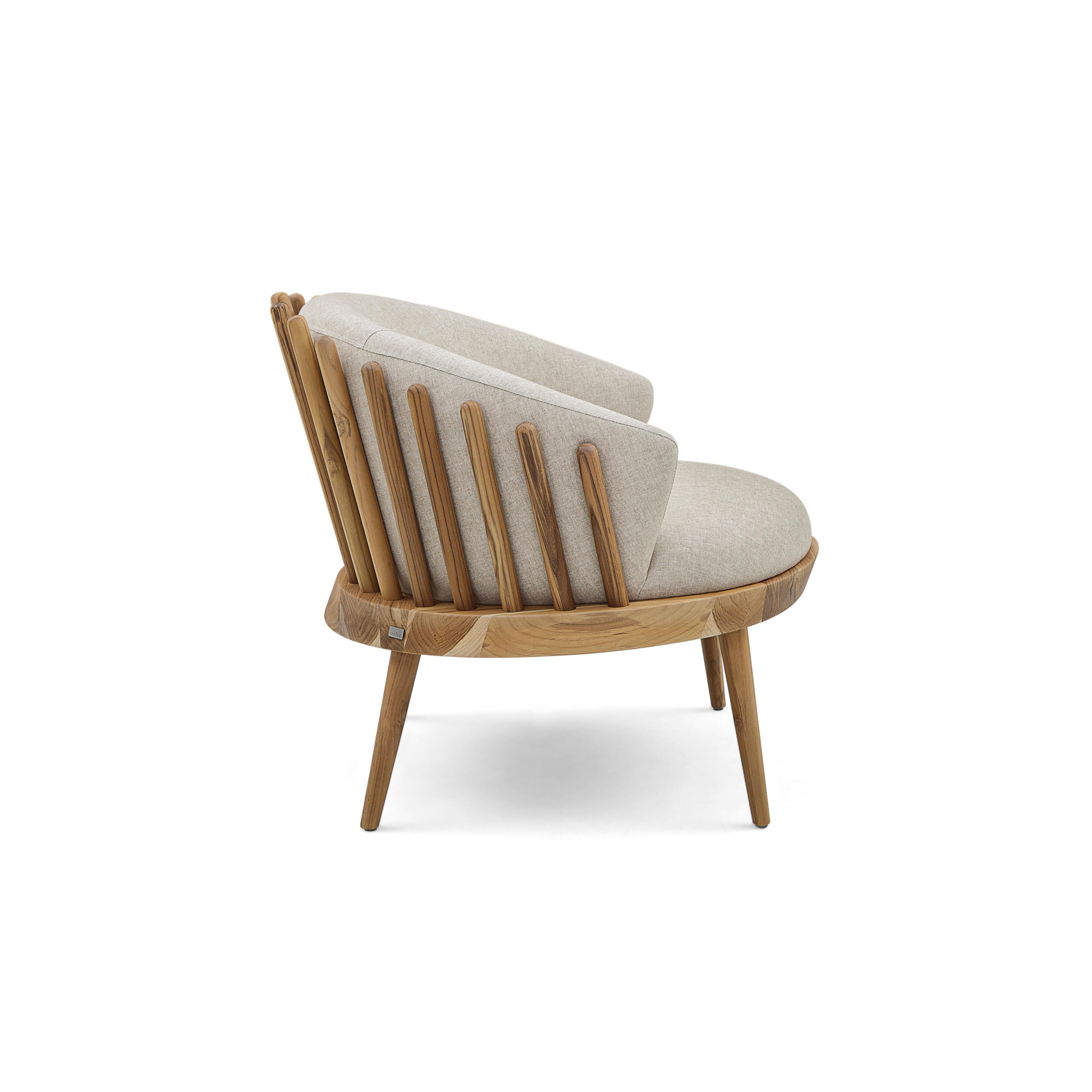 Fane Upholstered Armchair in Teak Wood Finish and Ivory Fabric For Sale