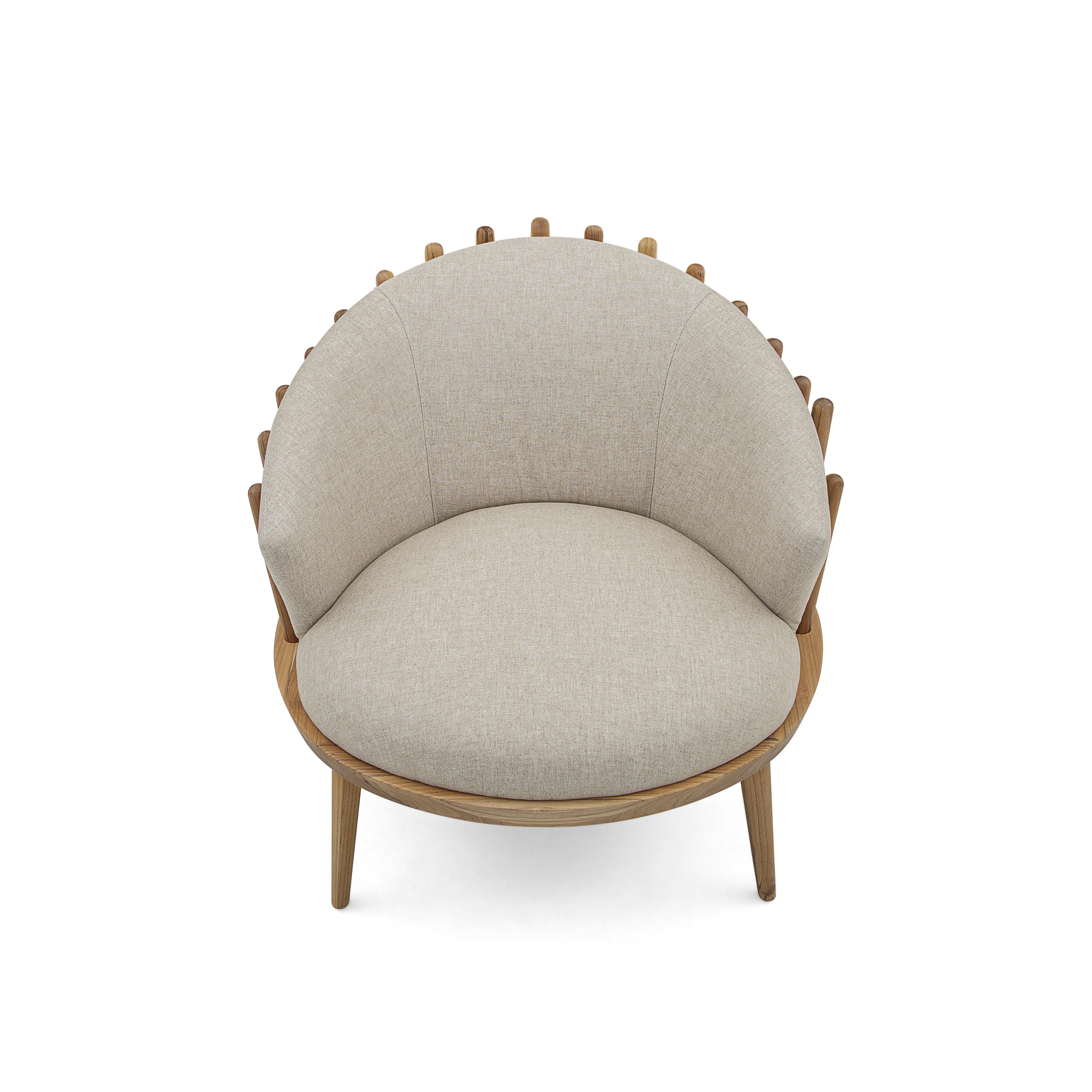 Fane Upholstered Armchair in Teak Wood Finish and Ivory Fabric For Sale