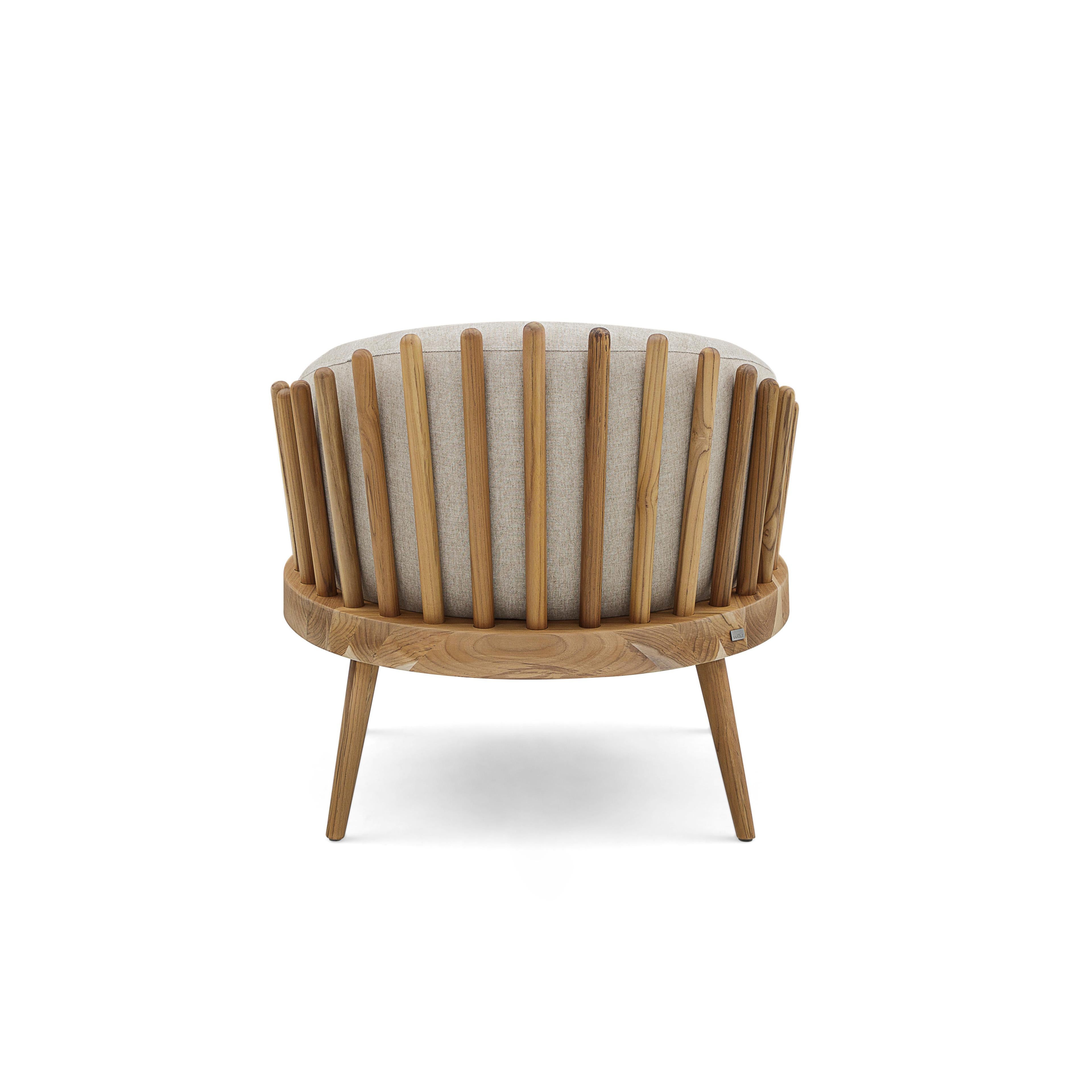 Contemporary Fane Upholstered Armchair in Teak Wood Finish and Beige Fabric For Sale