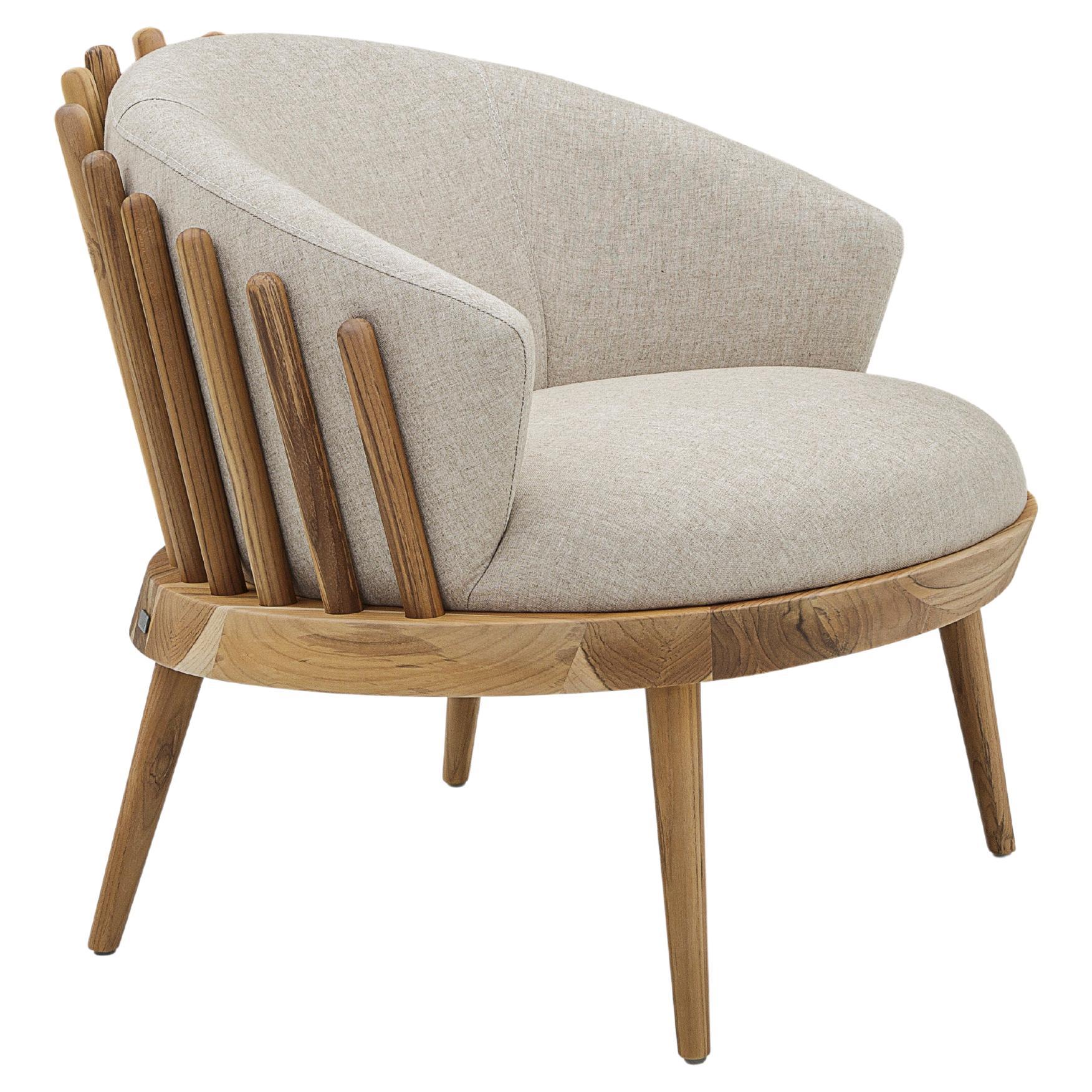 Fane Upholstered Armchair in Teak Wood Finish and Beige Fabric For Sale