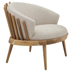 Fane Upholstered Armchair in Teak Wood Finish and Beige Fabric
