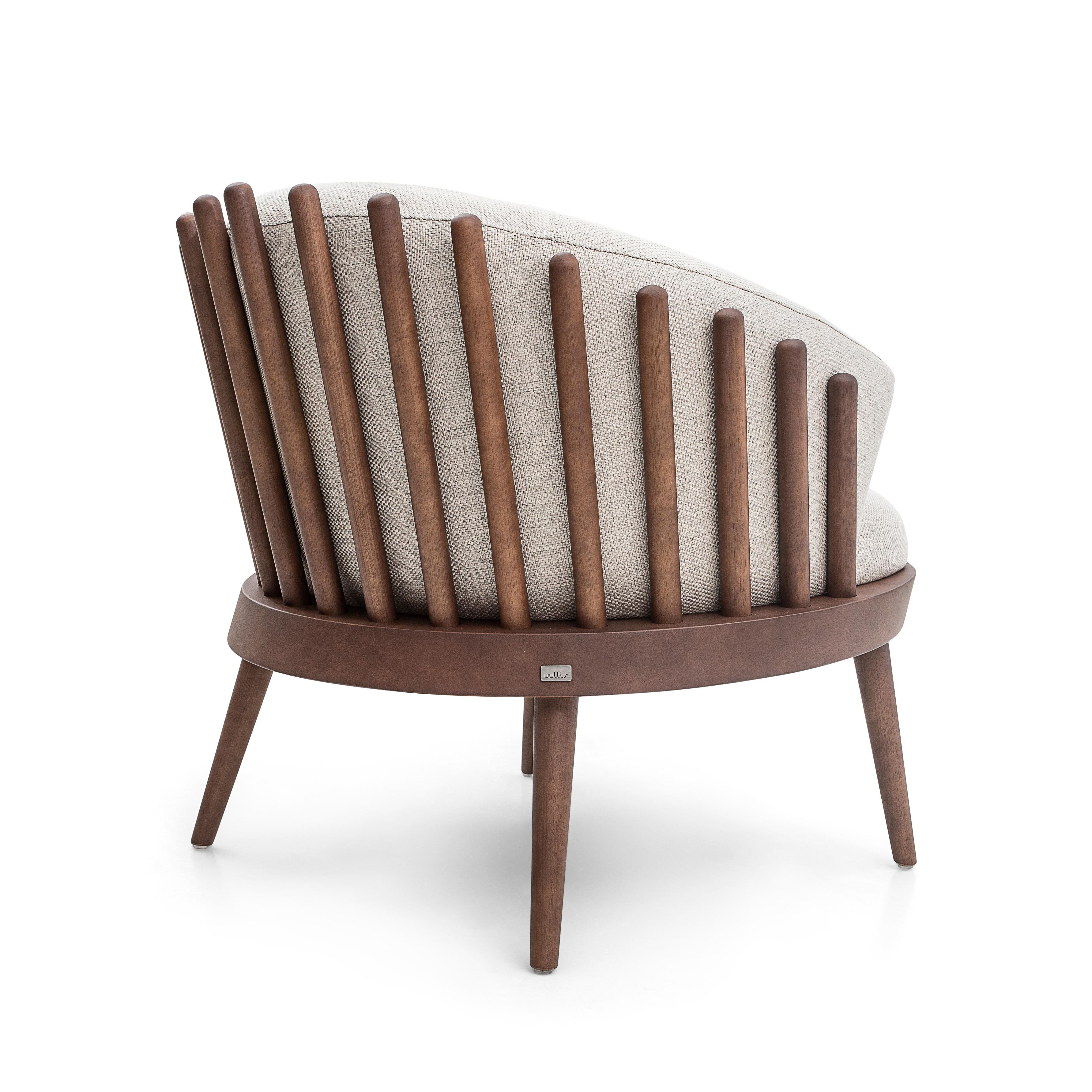 Brazilian Fane Upholstered Armchair in Walnut Wood Finish and Off-White Fabric For Sale