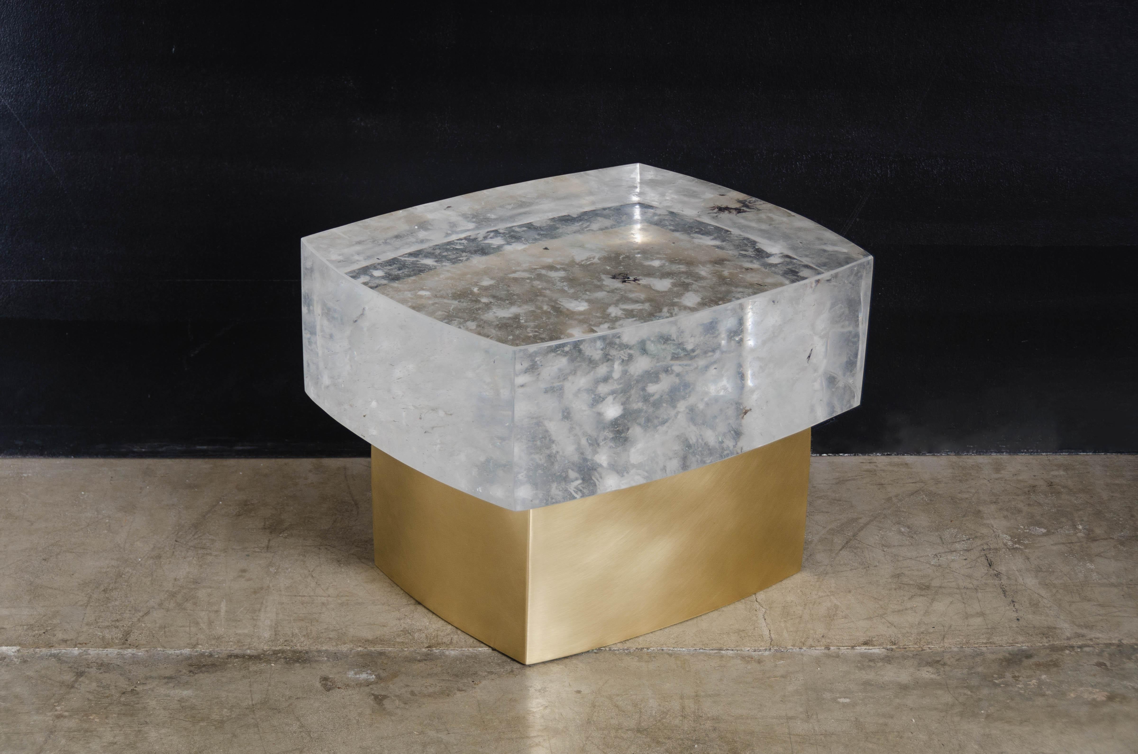 Hand-Carved Fang Bei Side Table, Crystal and Brass by Robert Kuo, Handmade